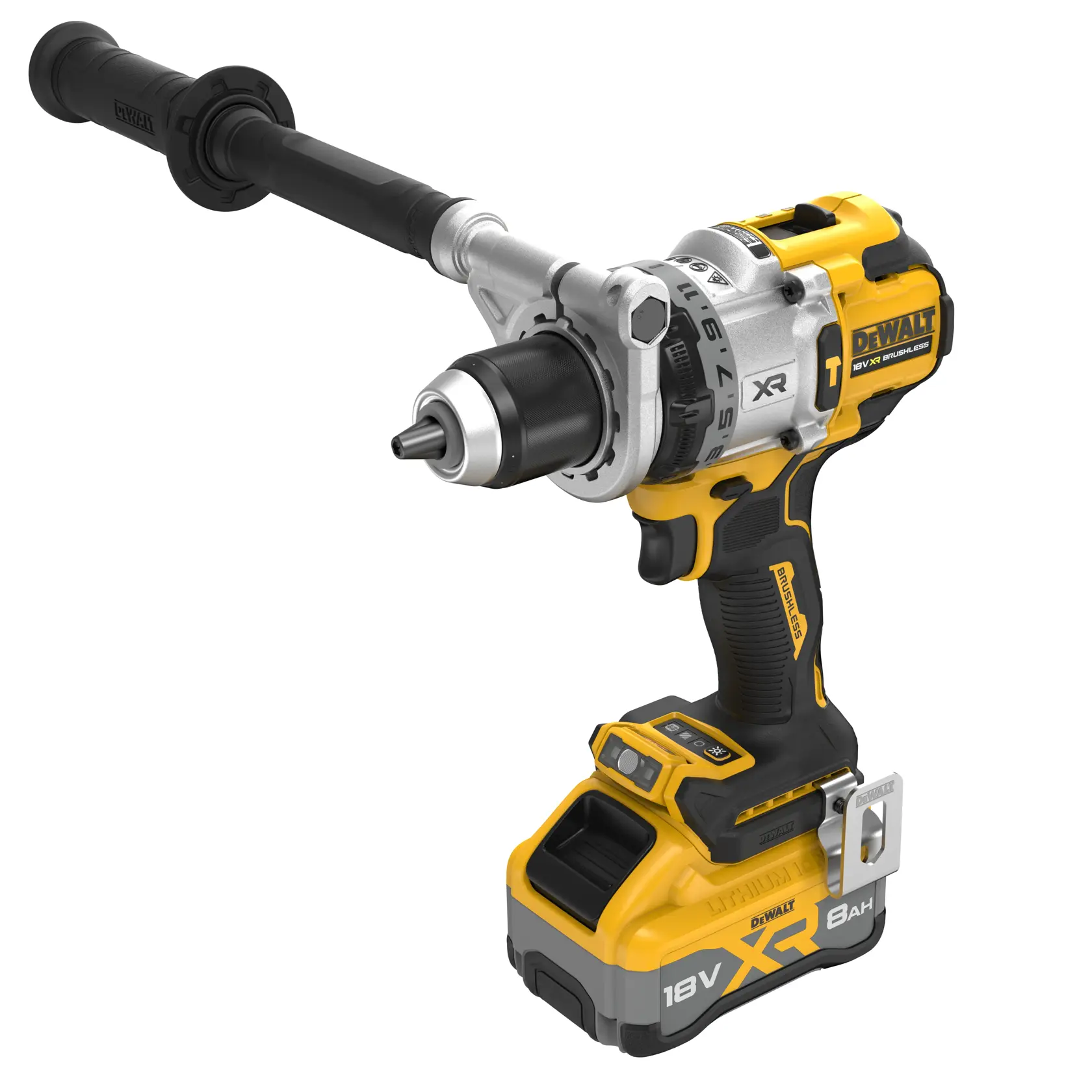 DEWALT 18V cordless drill with auxiliary handle, black and yellow design, suitable for heavy-duty use.