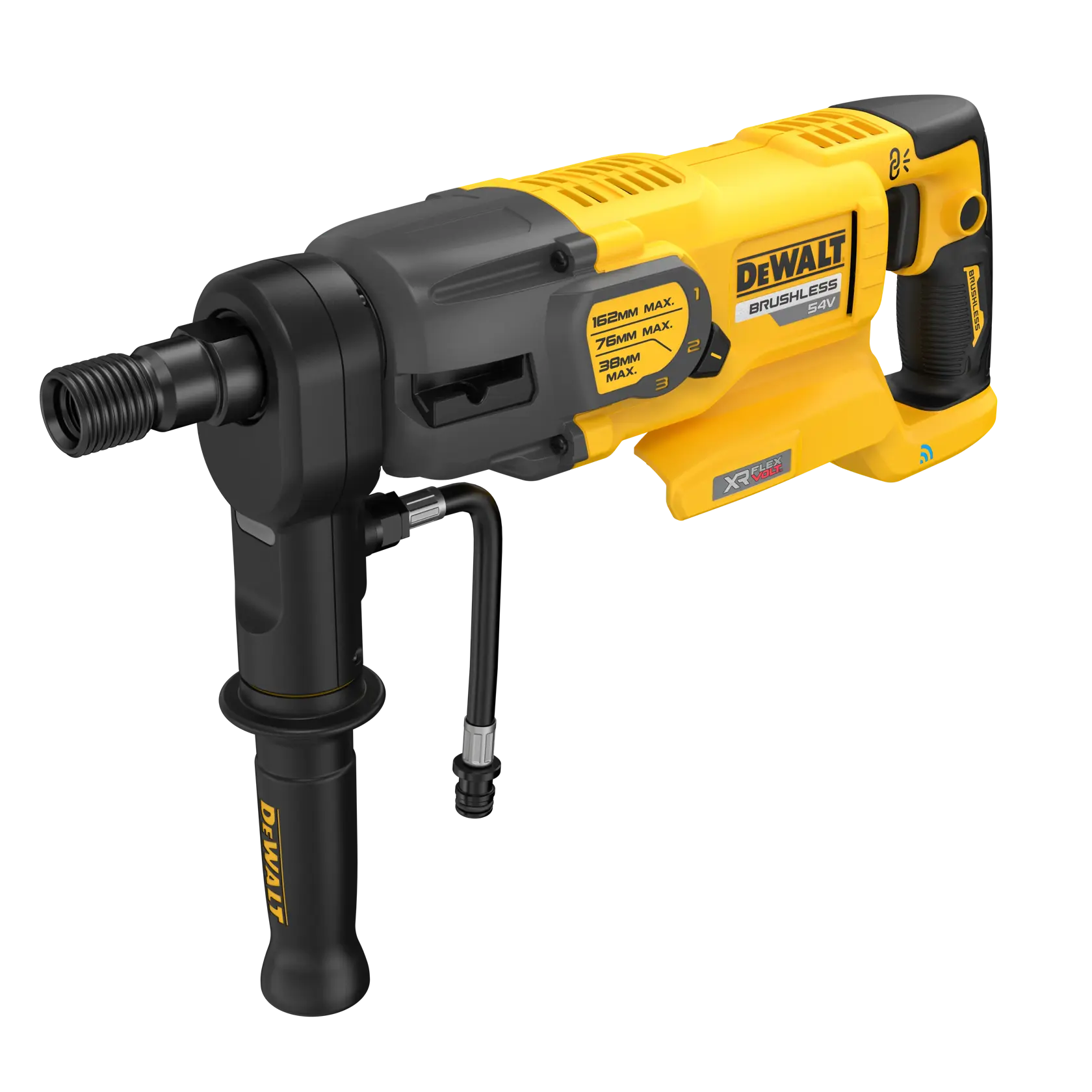 A yellow and black DEWALT cordless brushless drill with an ergonomic handle and side grip, featuring model details and a robust design for heavy-duty use.