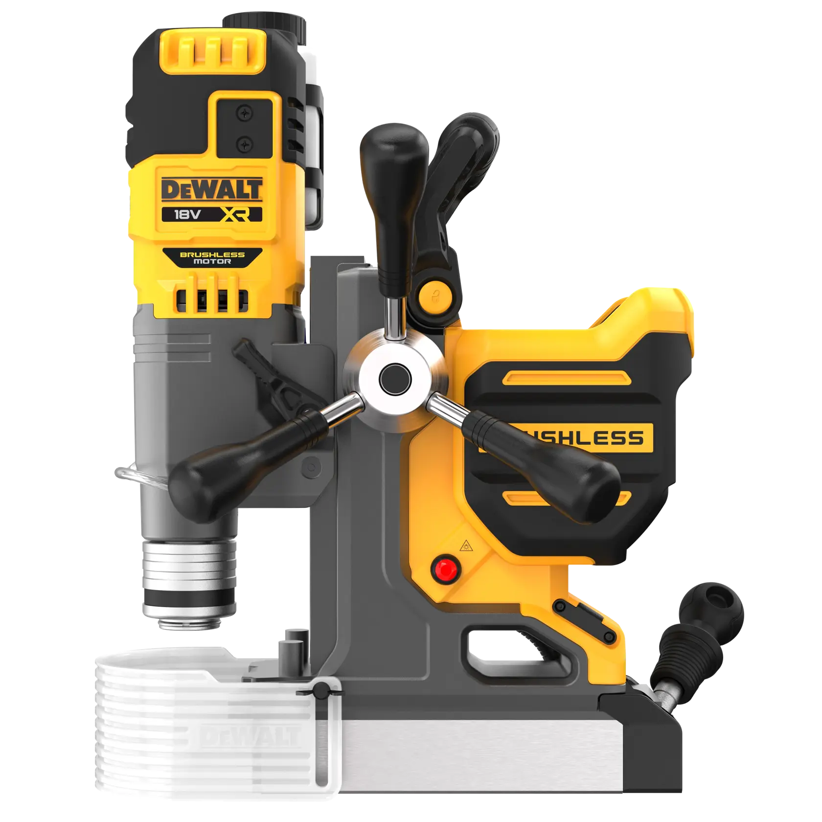 DEWALT DCD1623N brushless magnetic drill, yellow and black, three handle knobs, side view.