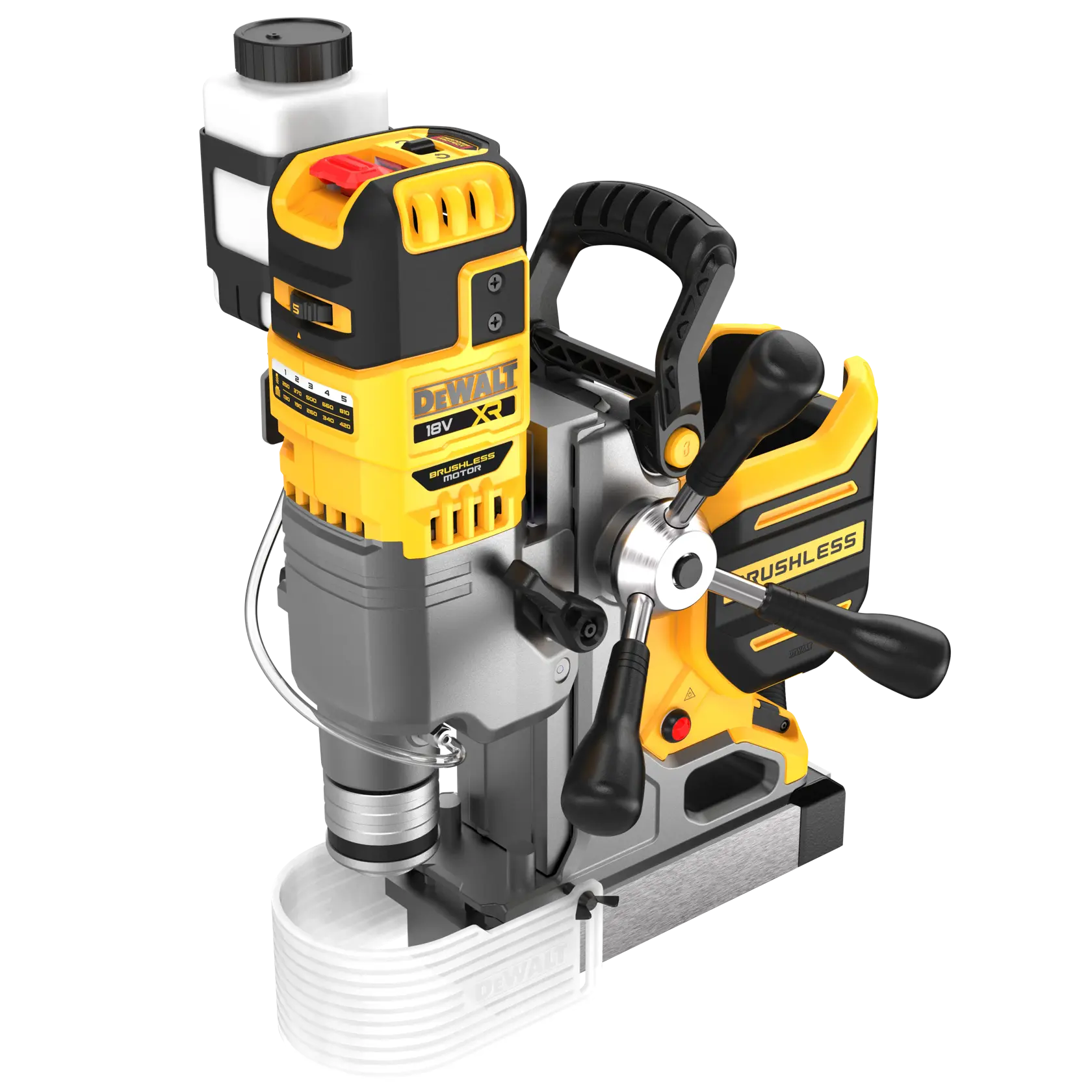DEWALT DCD1623N 18V brushless magnetic drill with handle and buttons, shown on a white background.