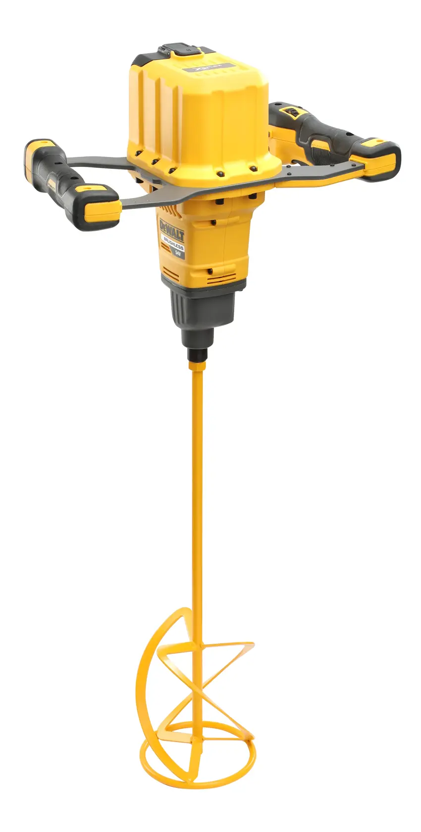 A yellow and black cordless paddle mixer with two handles, used for mixing construction materials. The tool is shown against a white background.