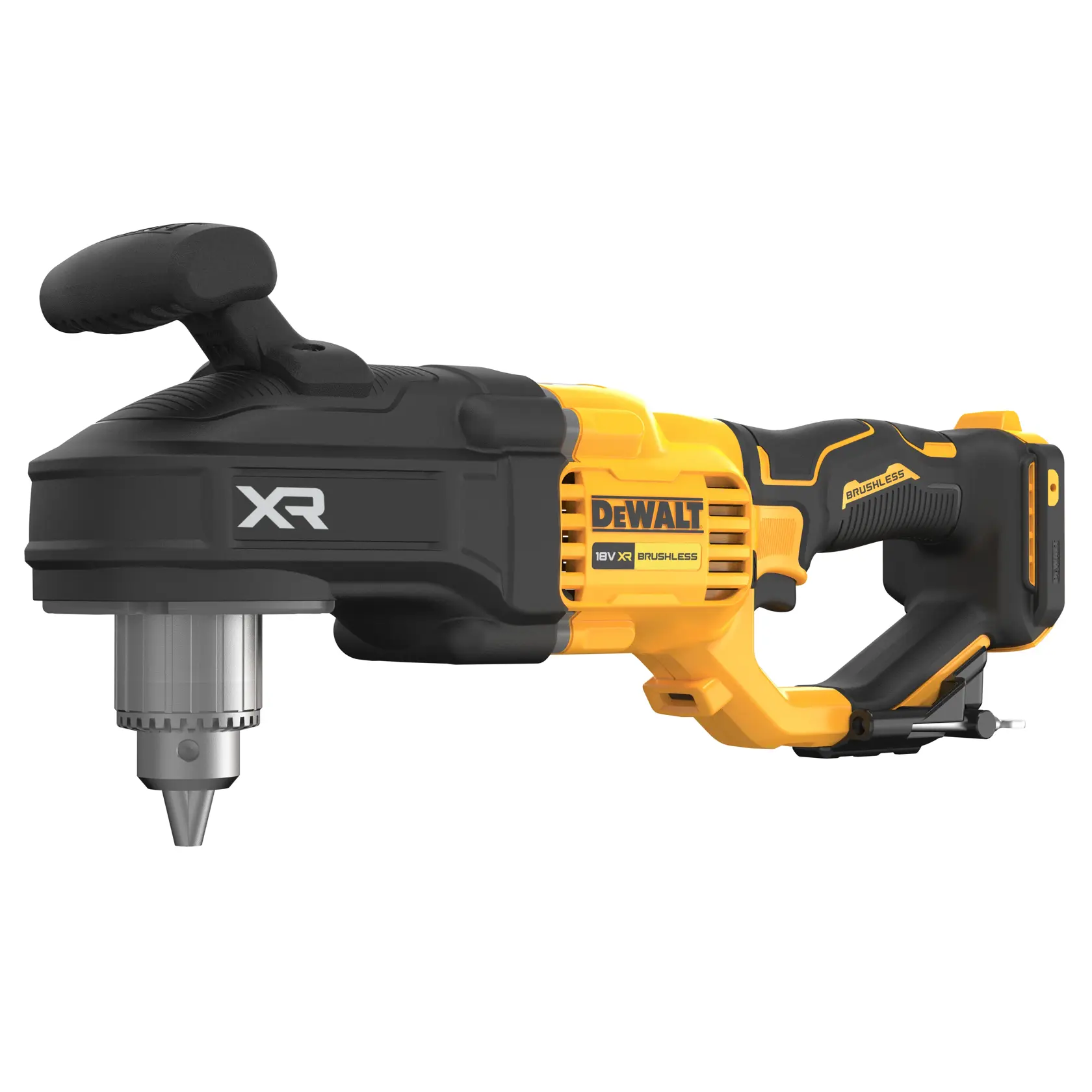 En DEWALT DCD444N 18V XR børsteløs trådløs vinkeldrill, vist i gul og svart farge med sidehåndtak og nøkkelfri chuck.