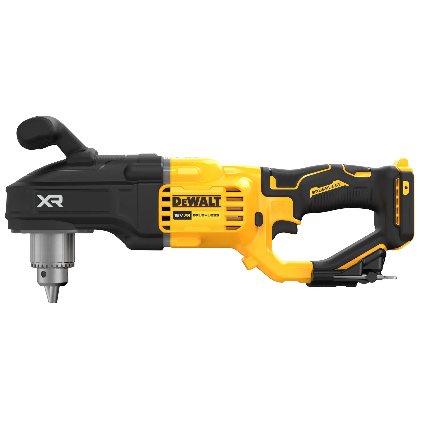 En DEWALT DCD444N 18V XR Brushless vinkeldrill med gul og svart kropp, vist i sideprofil mot hvit bakgrunn.