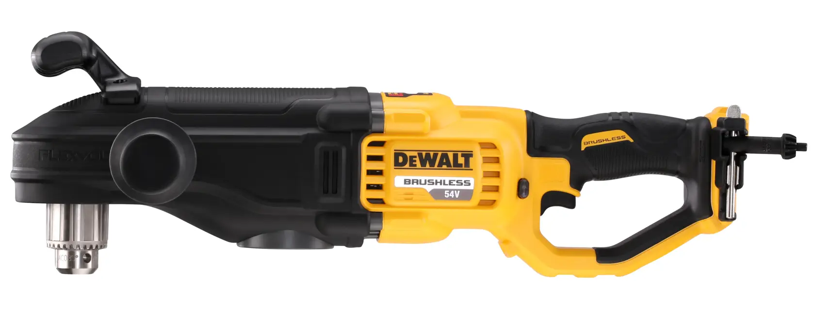 DEWALT DCD470N yellow cordless brushless right angle drill for heavy-duty tasks, shown side view.