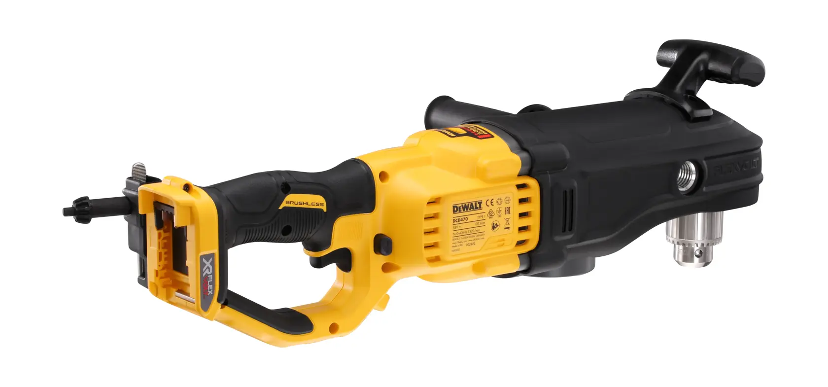 A DEWALT DCD470N power tool, featuring a yellow and black cordless right angle drill with a side handle and metal chuck.
