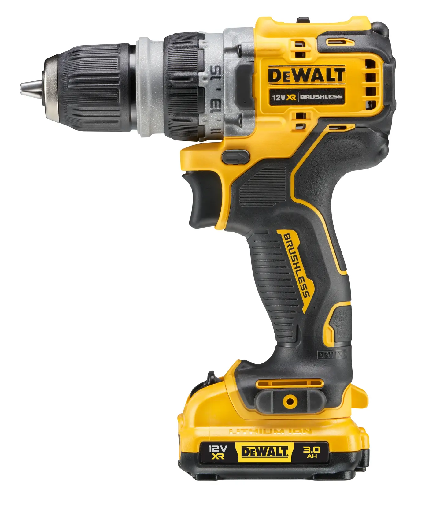 DEWALT 12V XR brushless cordless drill with black and yellow design, shown from the left side.