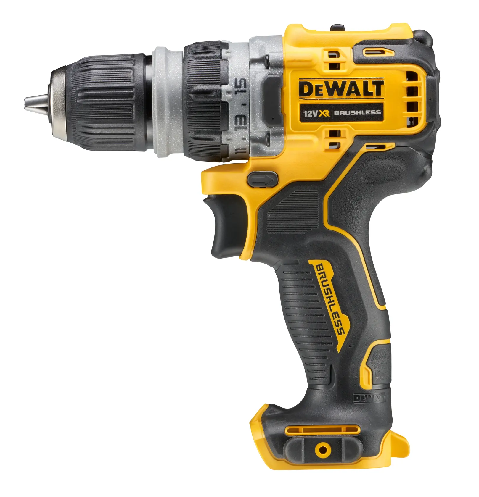 DEWALT 12V XR brushless cordless drill, shown in black and yellow, with ergonomic grip and adjustable chuck.