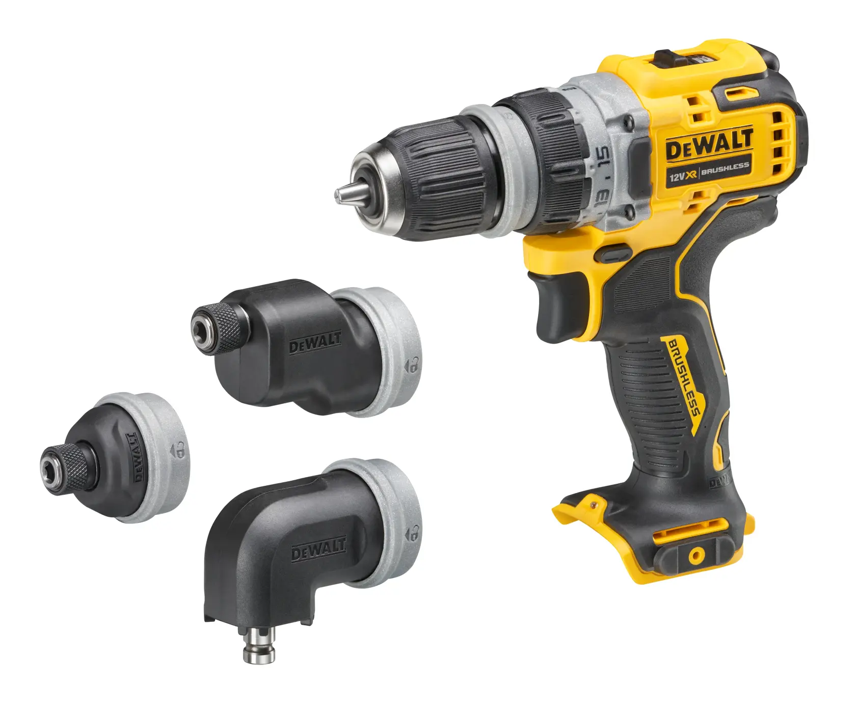 DEWALT cordless drill with three interchangeable attachments displayed next to it on a white background.