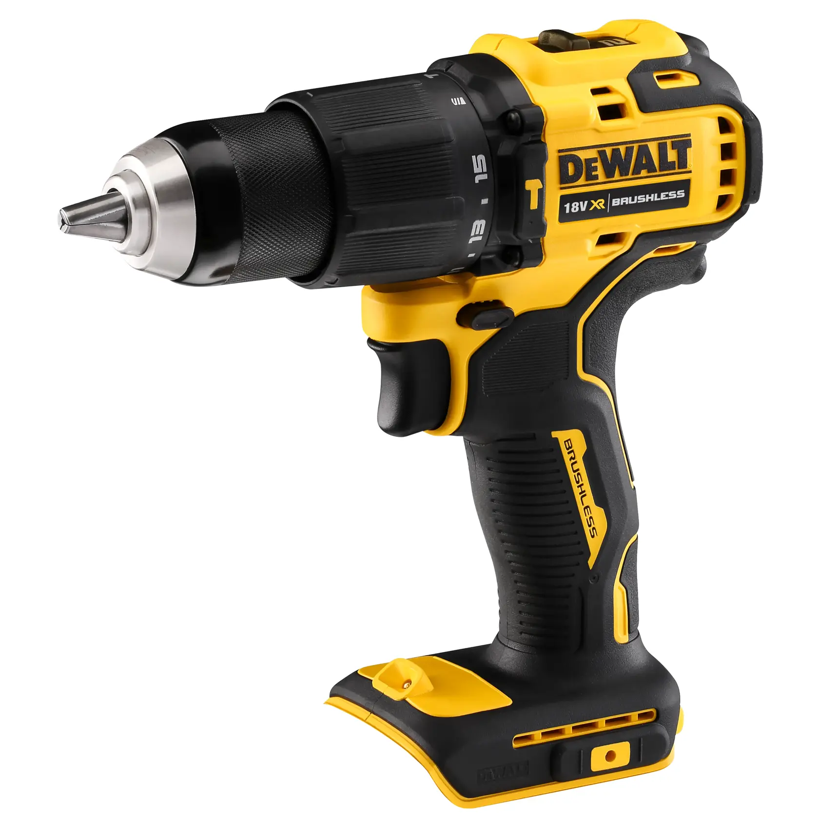 DEWALT drill for photography, shown with SKUs DCZ409P2-XE, DCD709N. Compact yellow and black cordless tool.