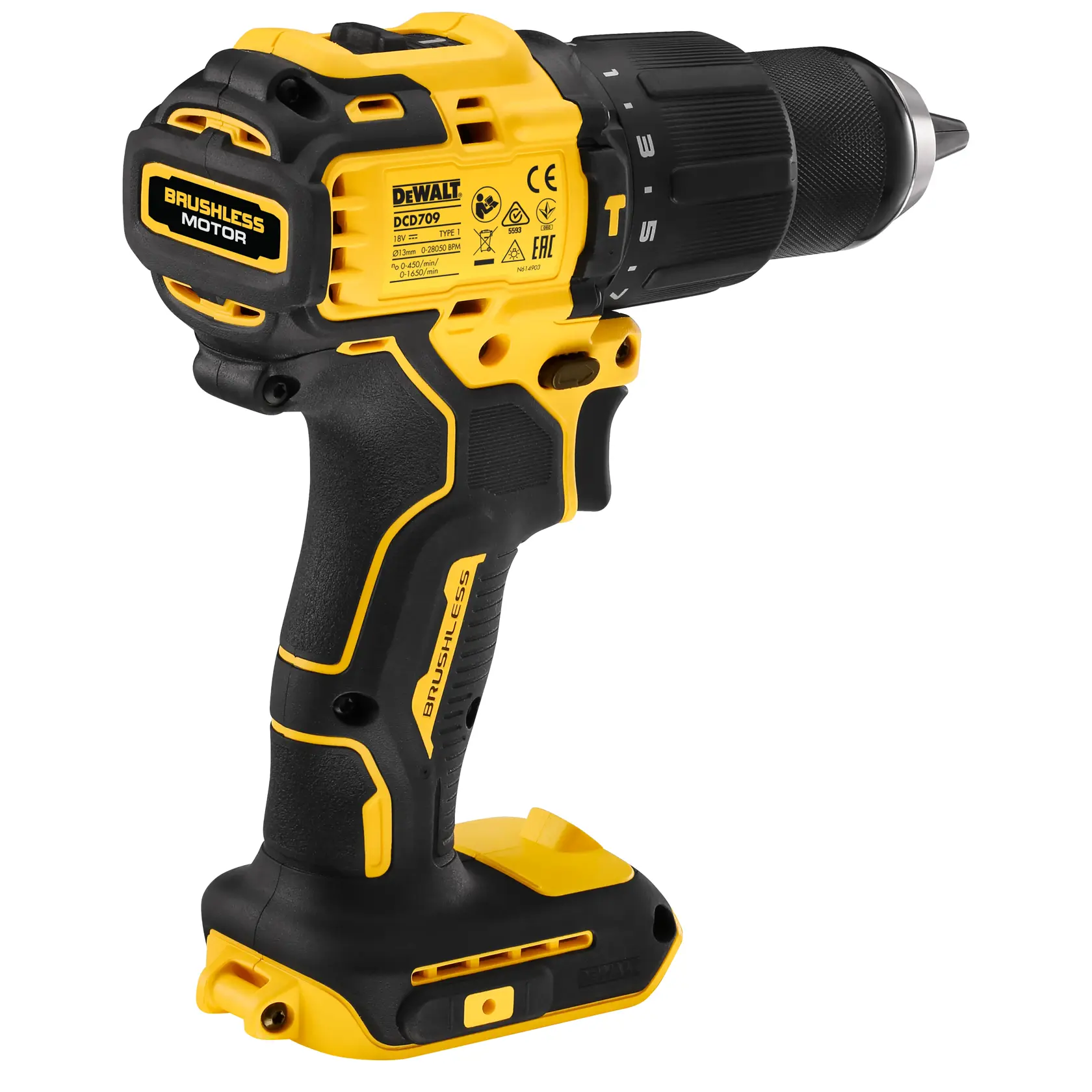 DEWALT brushless drill, DCZ409P2-XE, DCD709N SKUs, black and yellow design.