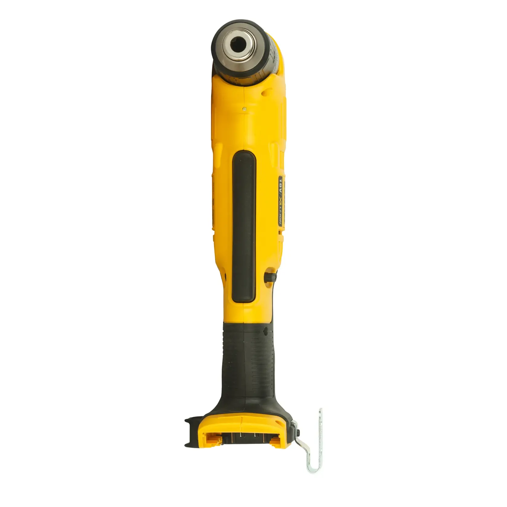Yellow cordless right angle drill photographed upright against white background.