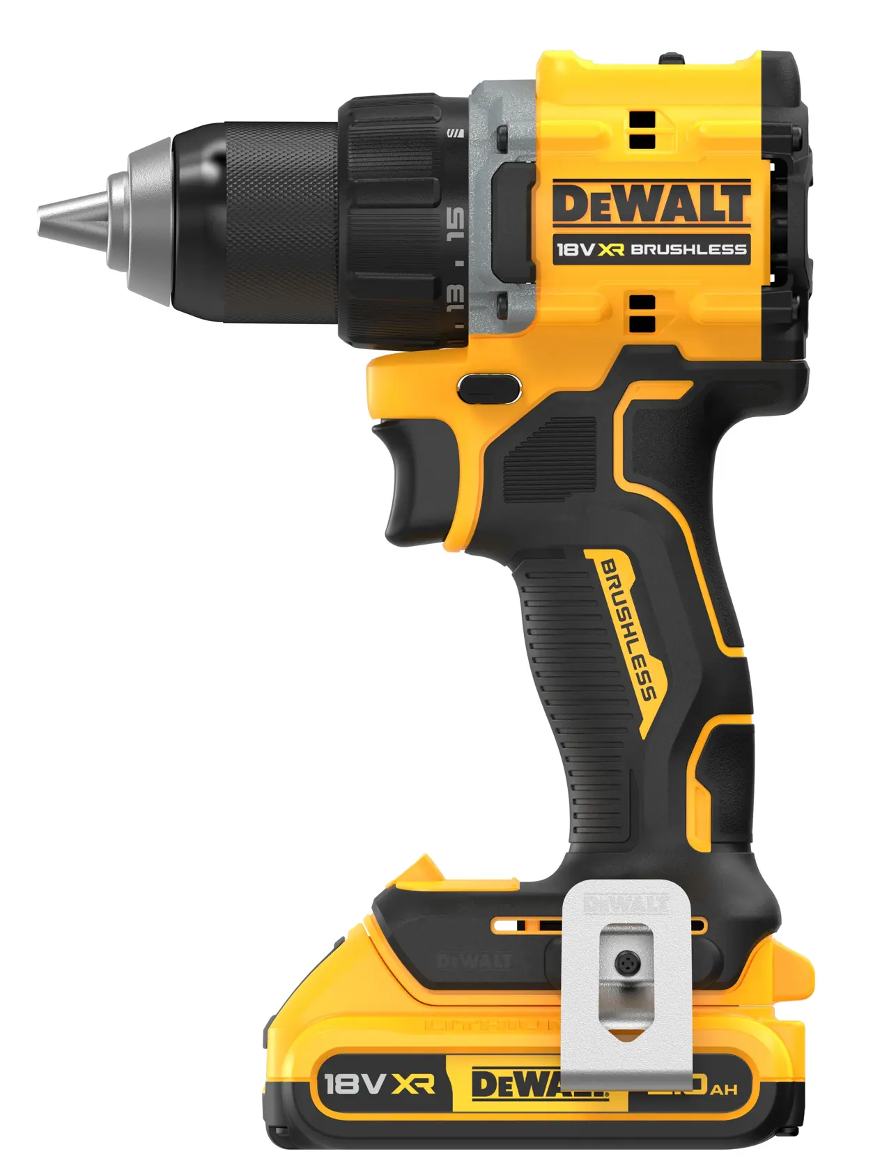 DEWALT cordless drill DCD794D2T-QW, DCD794D2T. Photography category, yellow and black design, 18V XR.