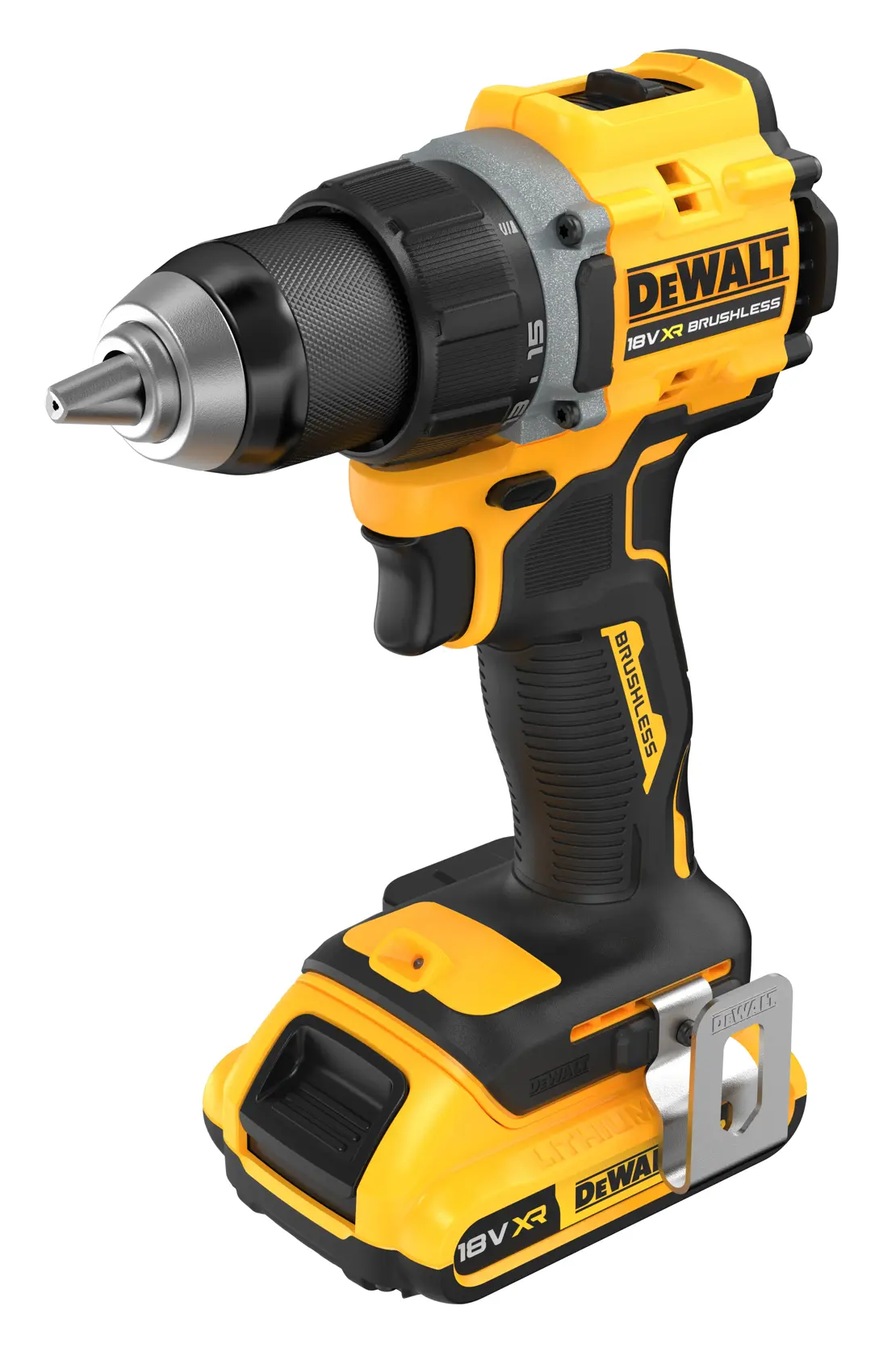 DEWALT cordless drill, yellow/black, SKUs DCD794D2T-QW and DCD794D2T, photography category, EMEAANZ region.