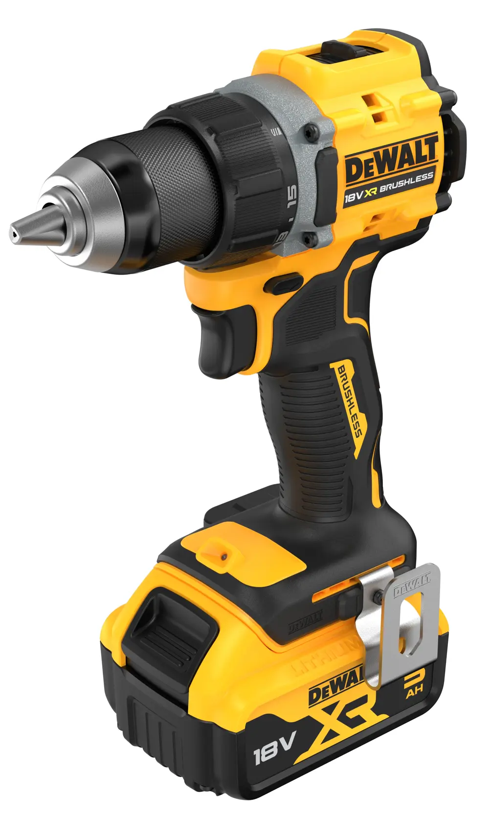 DEWALT cordless drill, photography product, SKUs DCD794P2T and DCD794P2T-QW, 18V XR, yellow and black.