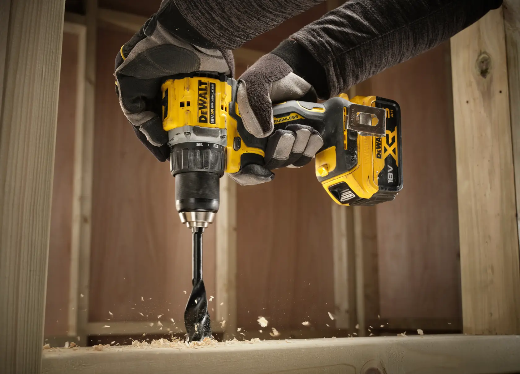 DEWALT drill DCD794P2T, DCD794P2T-QW in use drilling wood. Photography product category.
