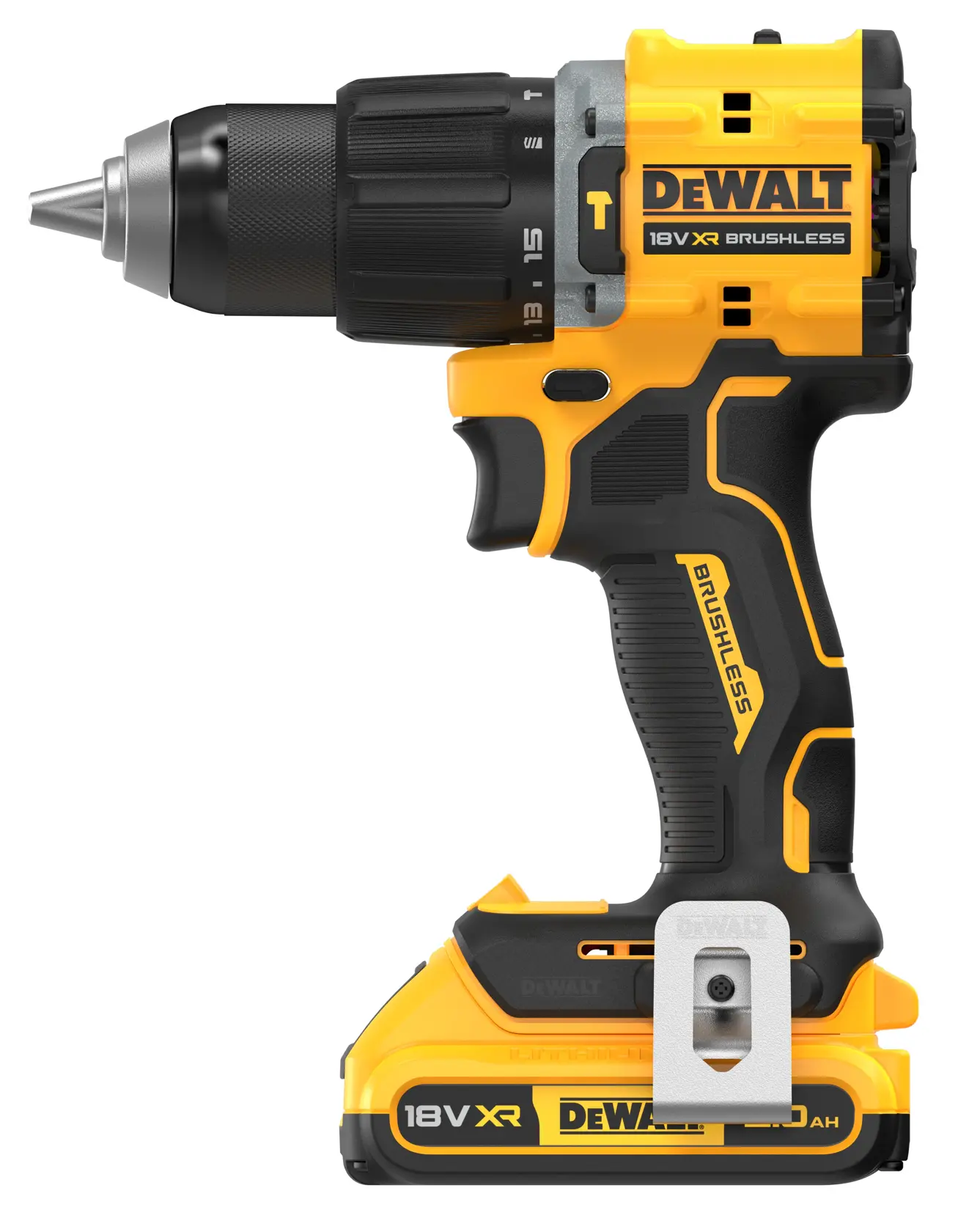 DEWALT 18V XR cordless brushless drill with black and yellow design, shown from the side.