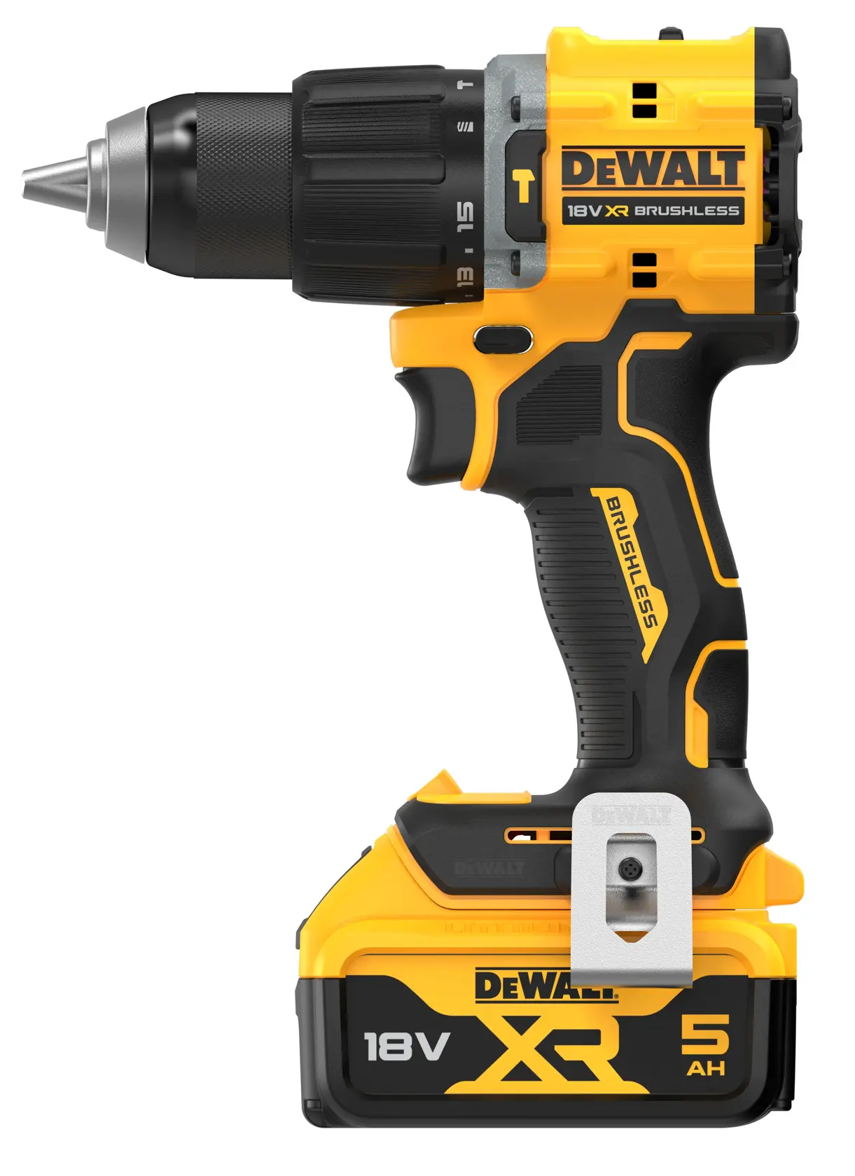 DEWALT 18V XR brushless cordless drill with 5Ah battery, yellow and black design, side view.