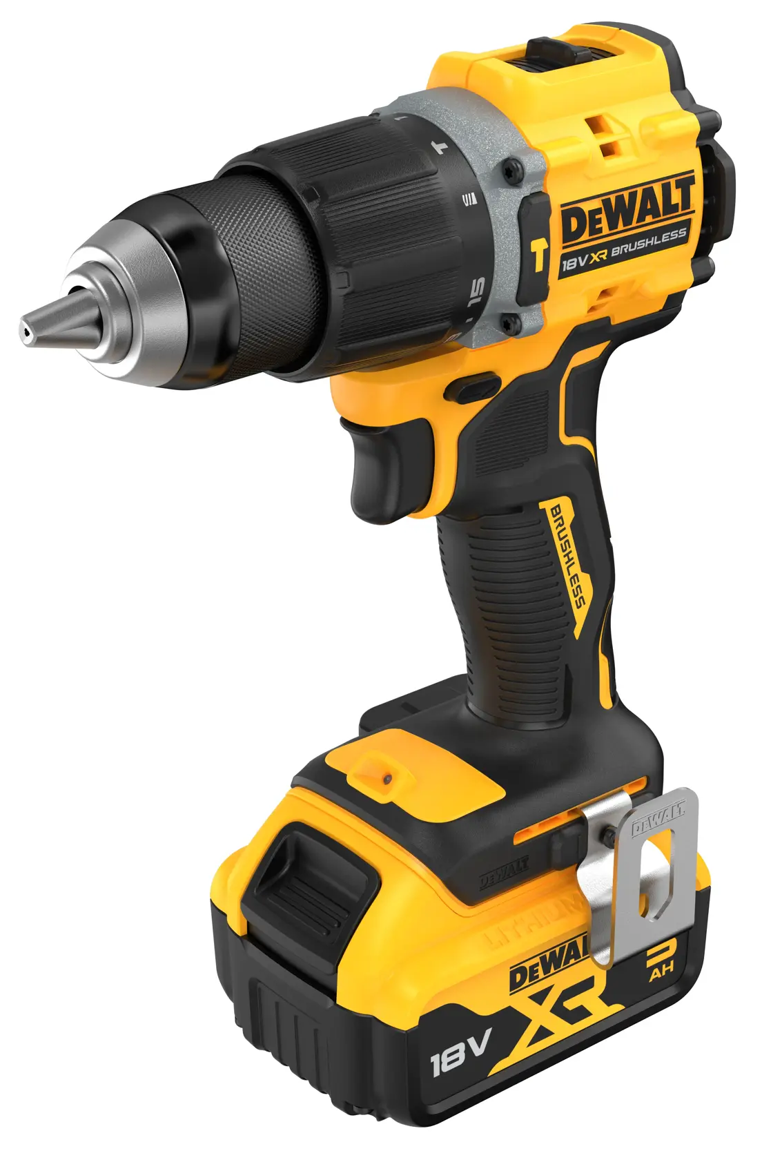 DEWALT cordless drill, 18V XR model DCD799P2T, yellow and black, shown at an angle with battery attached.