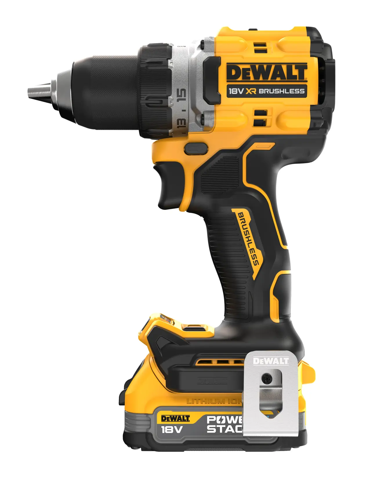 DEWALT 18V XR brushless cordless drill with POWERSTACK battery, shown from the side.