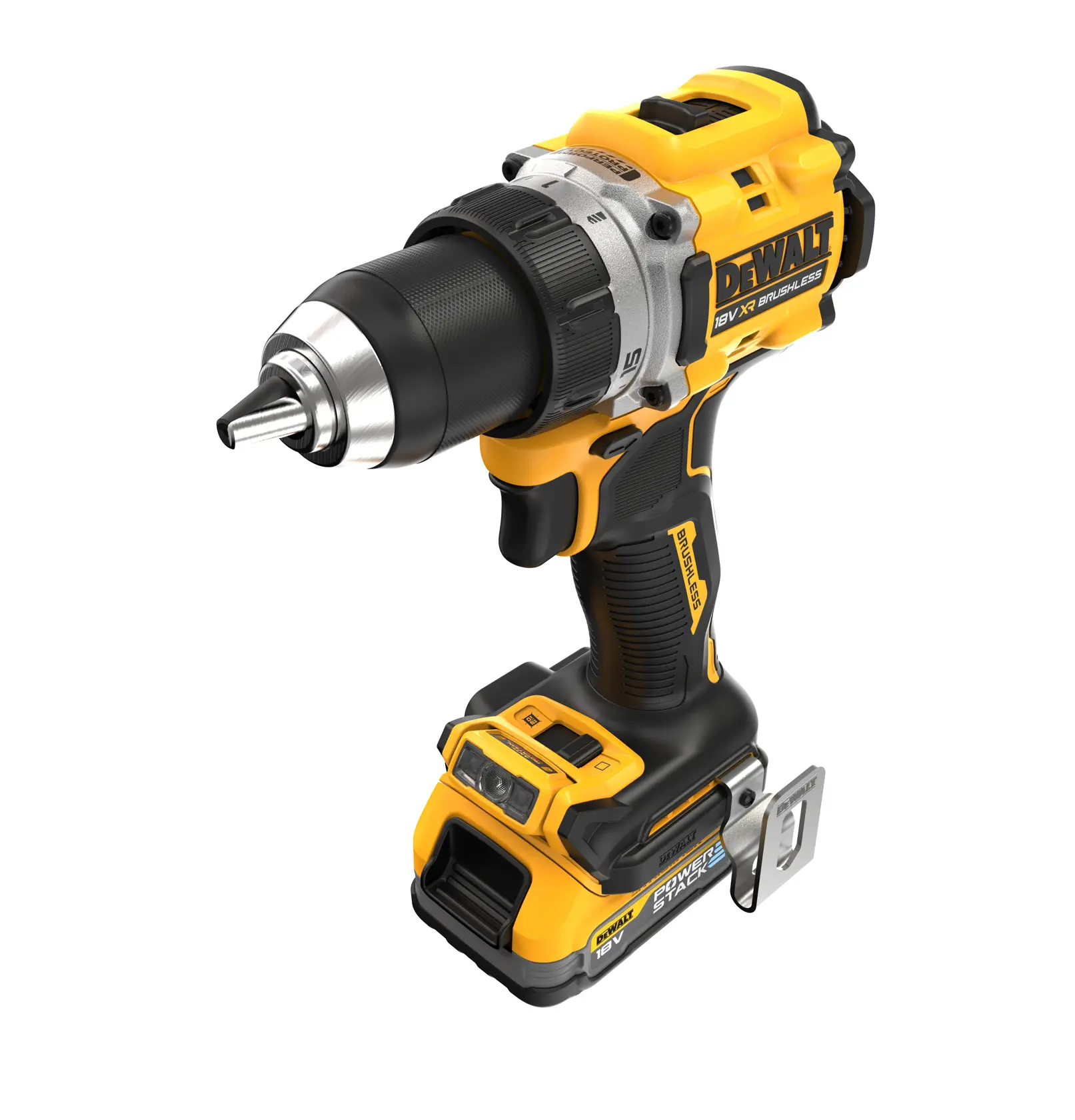 DEWALT cordless drill driver with brushless motor in yellow and black, shown on a white background.