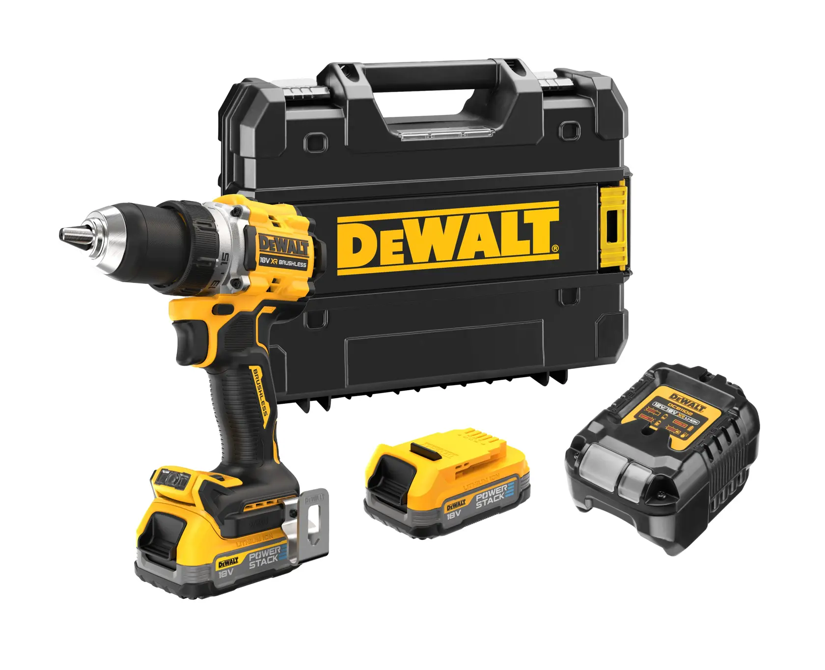 DEWALT cordless drill set with carrying case, two batteries, and charger on white background.