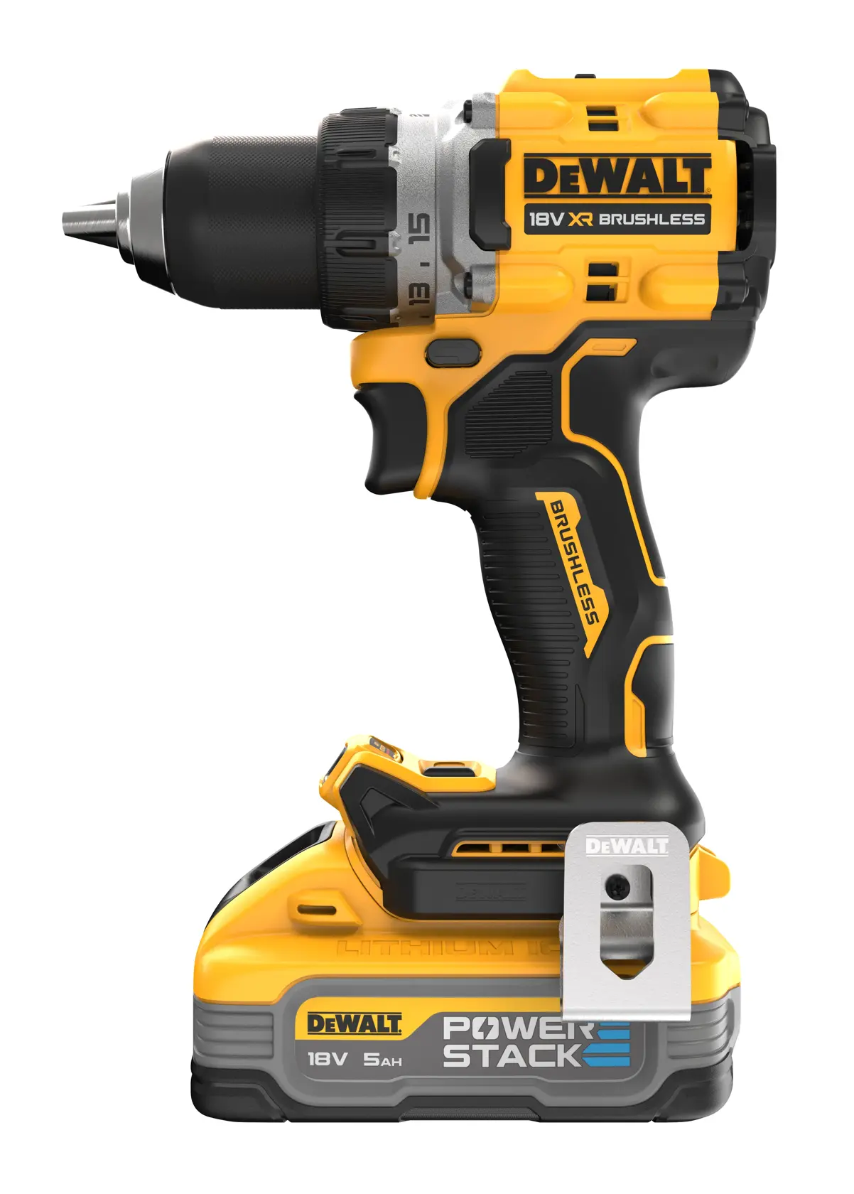 DEWALT 18V XR brushless cordless drill with POWERSTACK battery, black and yellow, side view.