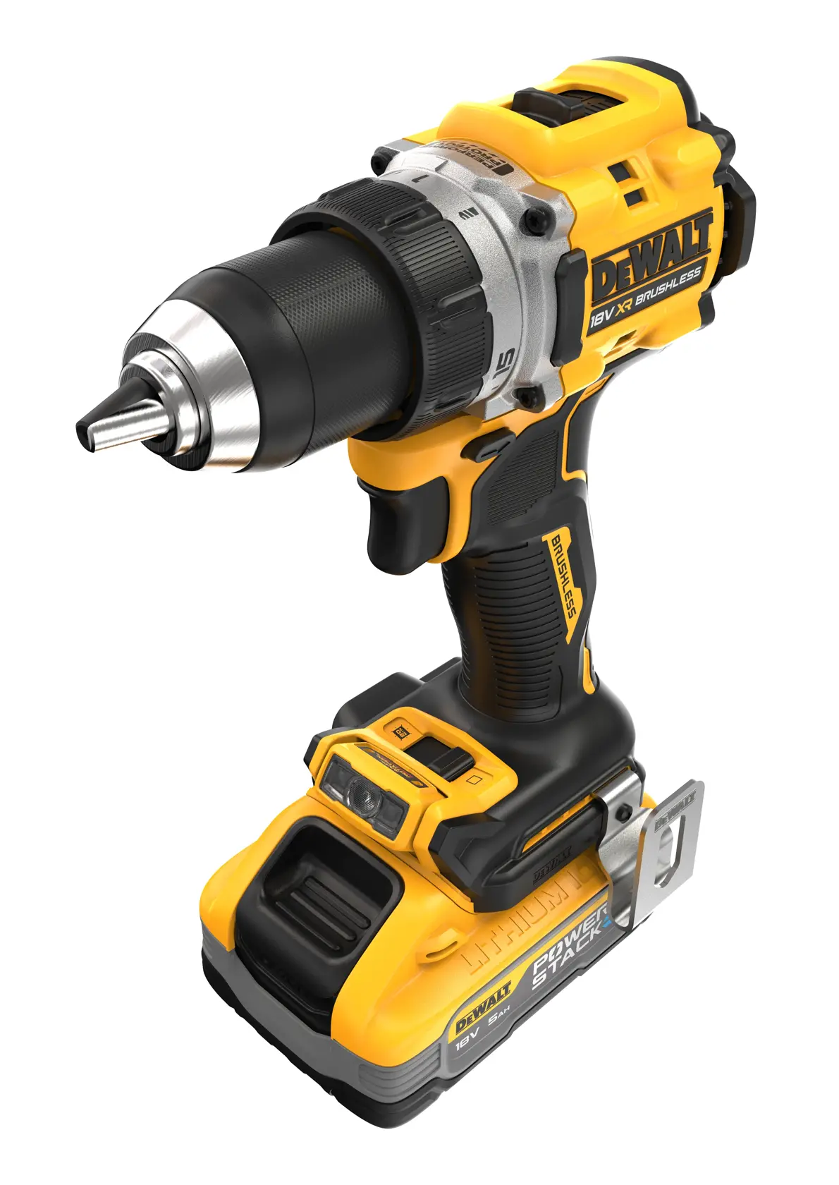 DEWALT cordless drill with battery, yellow and black, shown on a white background.