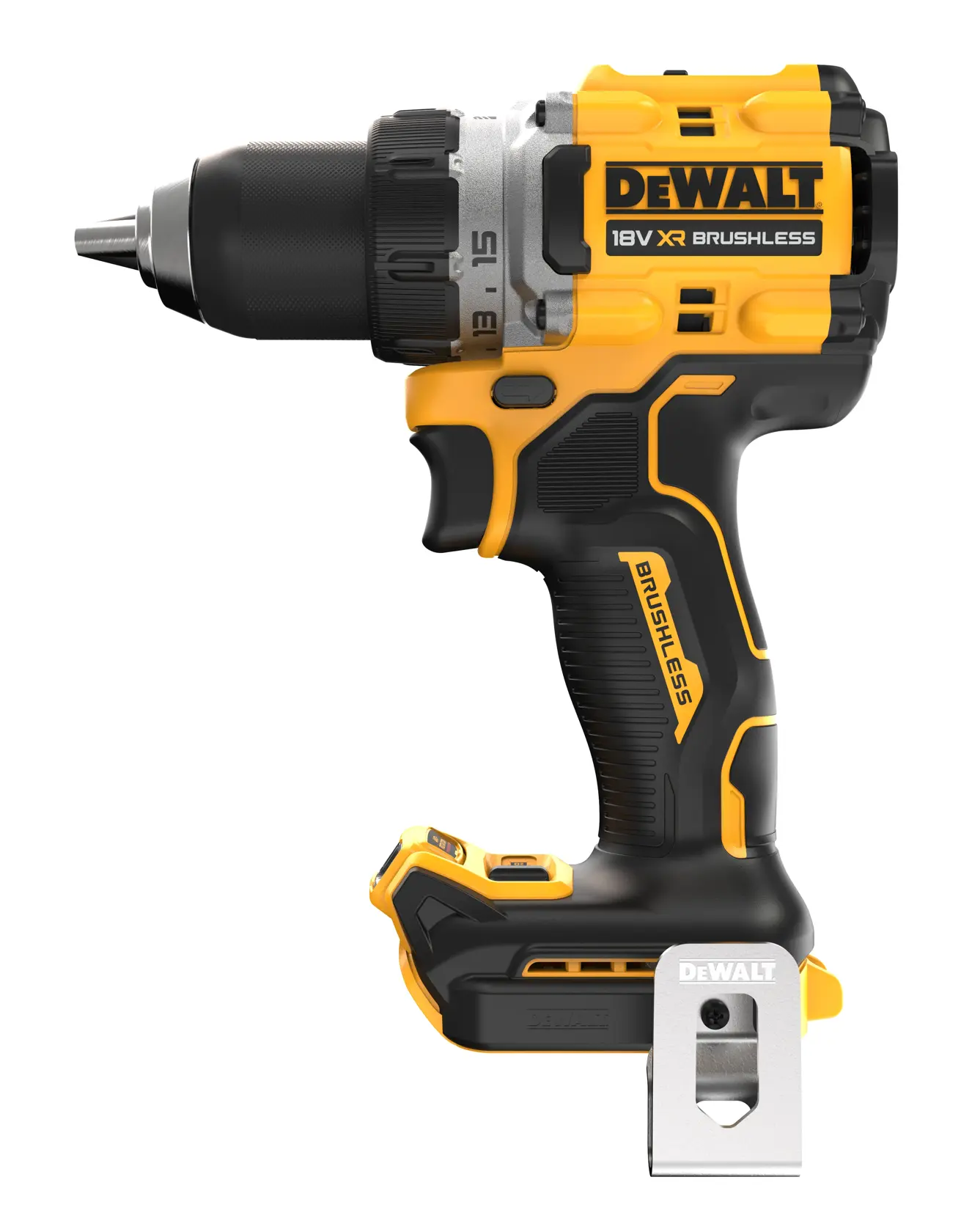 DEWALT DCD800P2T 18V XR brushless cordless drill with yellow and black design, side view.
