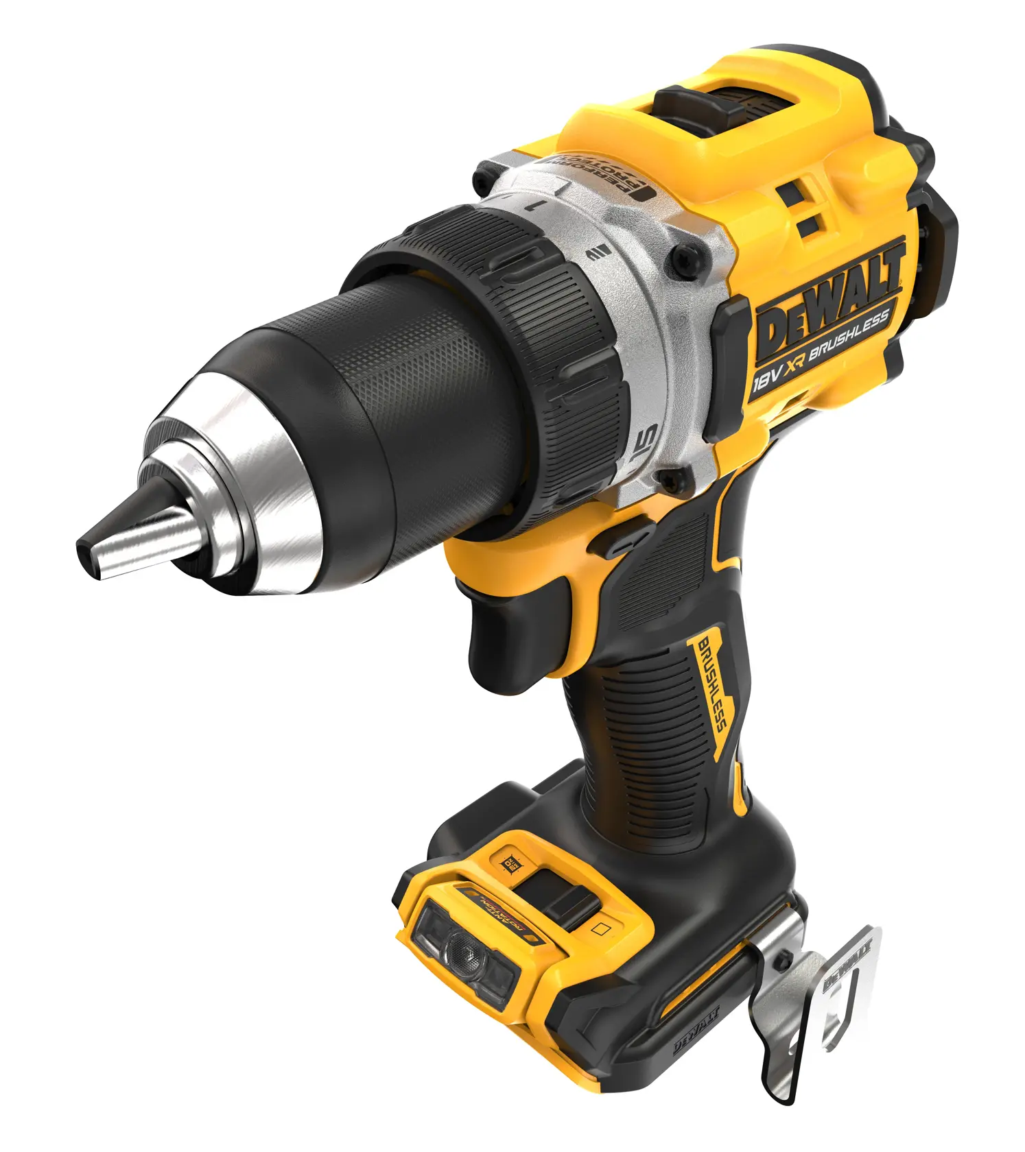 DEWALT DCD800NT brushless 18V cordless drill, yellow and black, close-up product view.