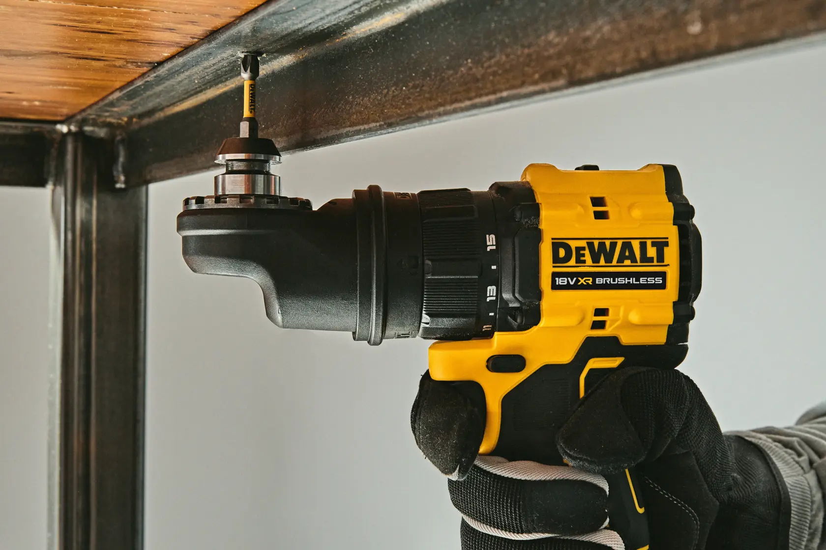 DEWALT DCD803NT compact drill in use, promotes 73 Nm torque and lightweight design.