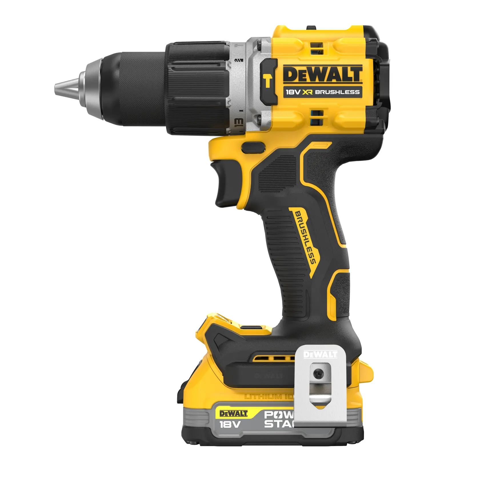 DEWALT 18V XR brushless cordless drill with Powerstack battery, shown in yellow and black.