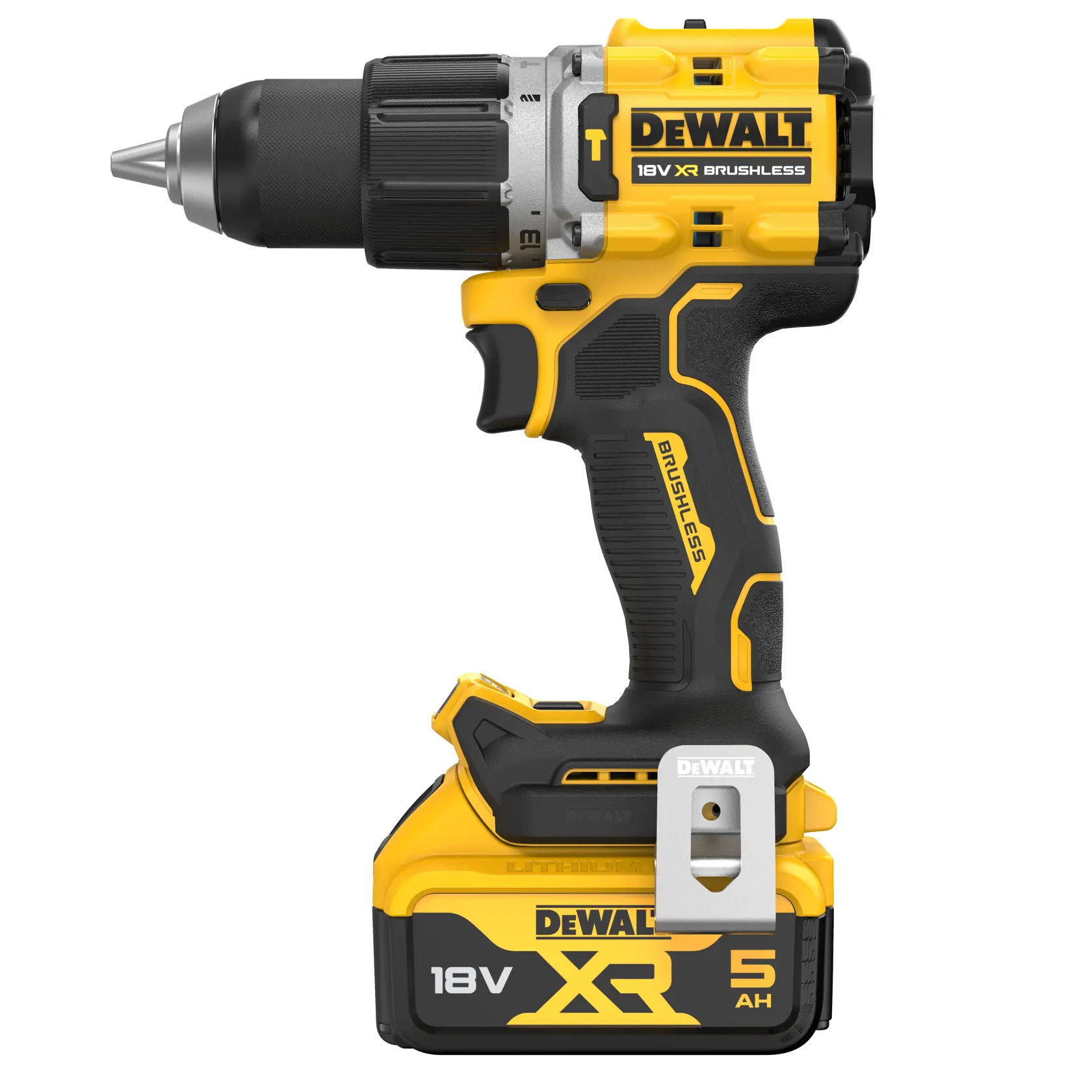 Taladro atornillador inalámbrico DEWALT DCD805P2T 18V XR brushless con batería 5Ah, en amarillo y negro.