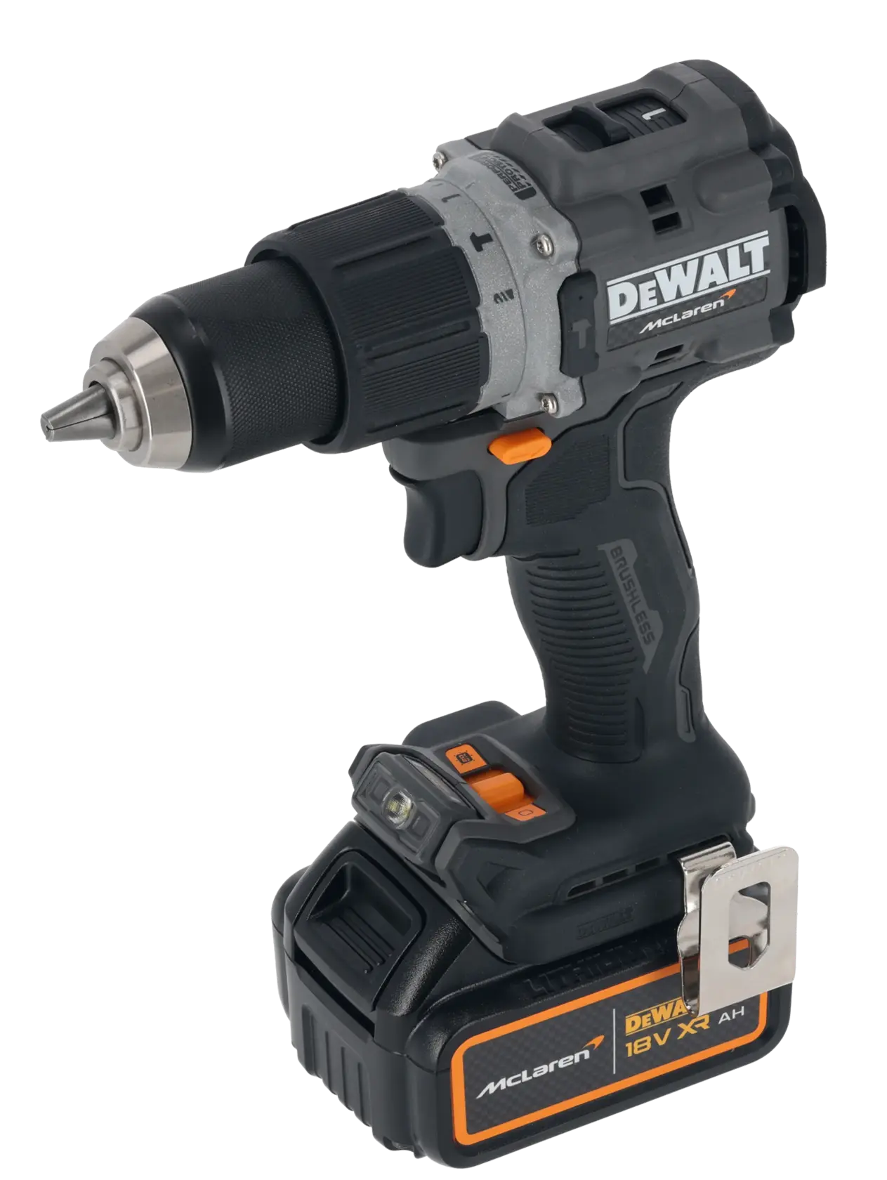 DEWALT cordless drill with McLaren branding, 18V XR battery, black and orange design.