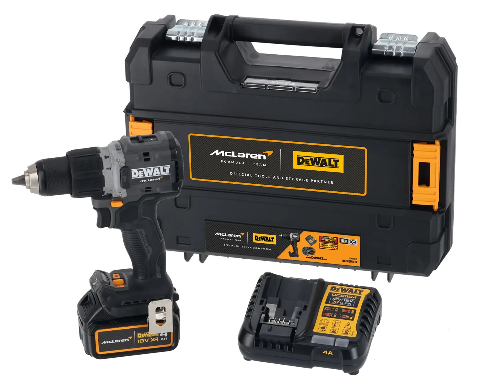 DEWALT cordless drill kit with battery, charger, and carrying case, branded with McLaren and DEWALT logos.