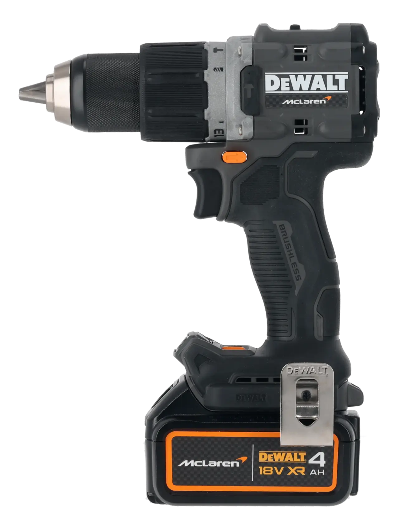 DEWALT 18V cordless drill with McLaren branding and 4Ah battery, black and orange design.