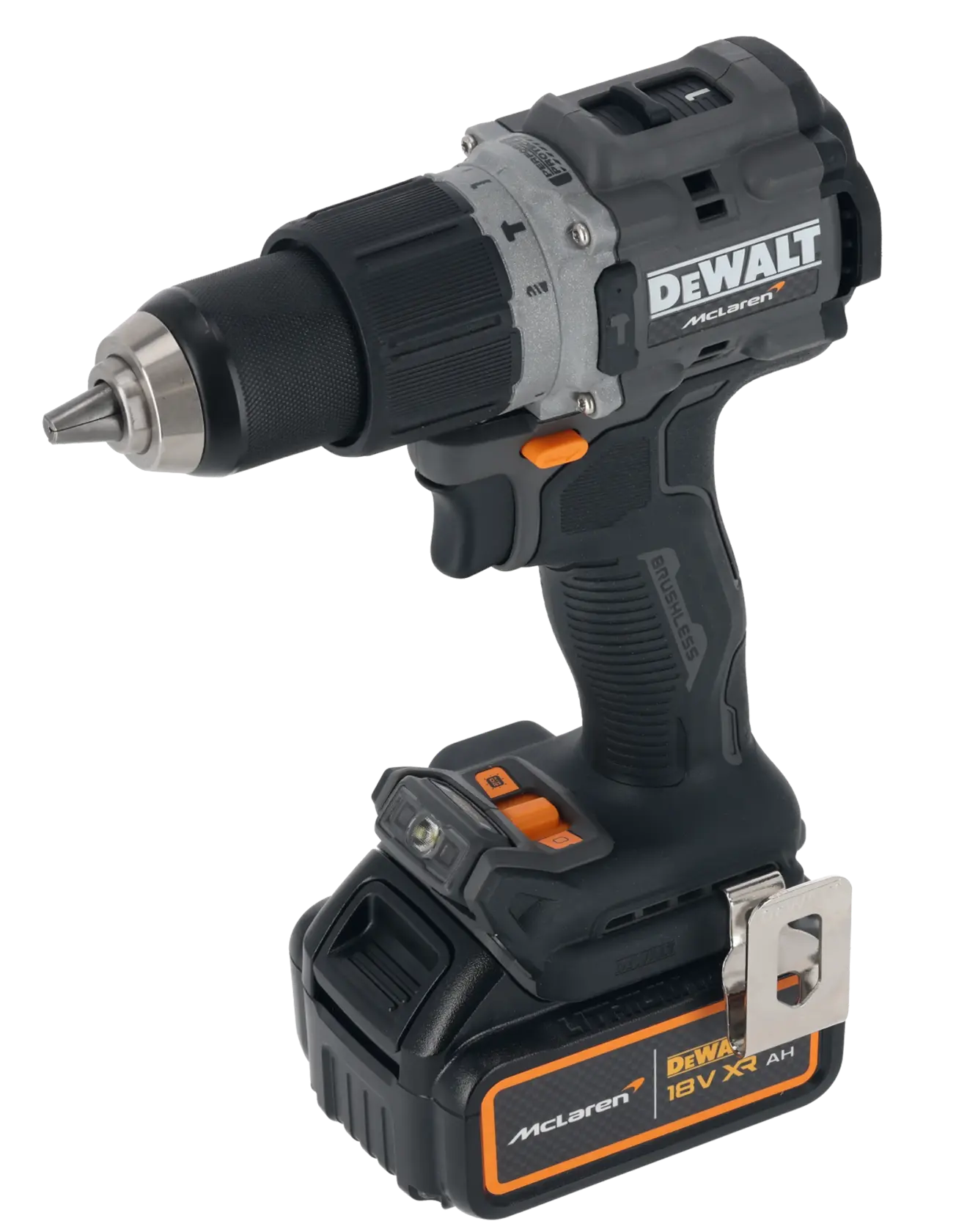 DEWALT cordless drill with McLaren branding, 18V battery, black and orange design on a white background.