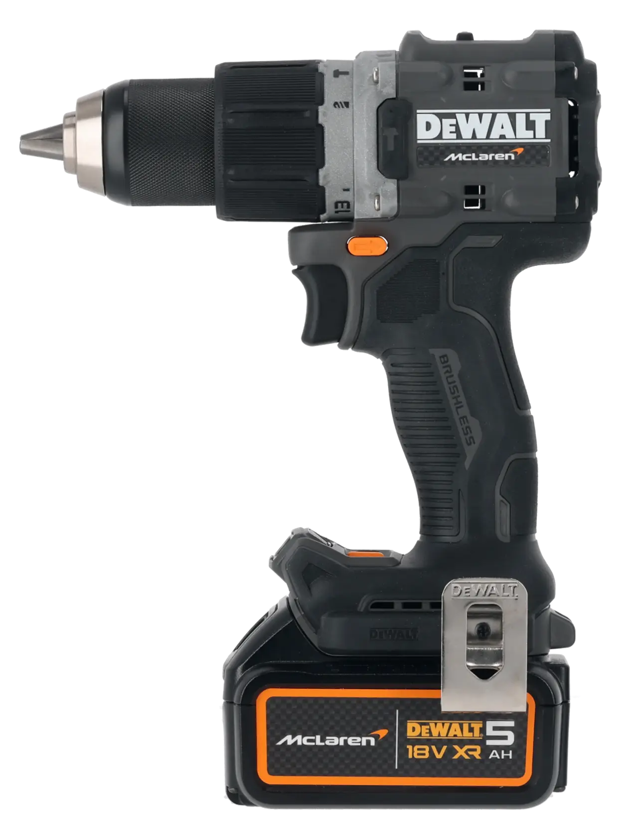 DEWALT 18V cordless drill, McLaren edition, black and orange, brushless, compact and powerful design.