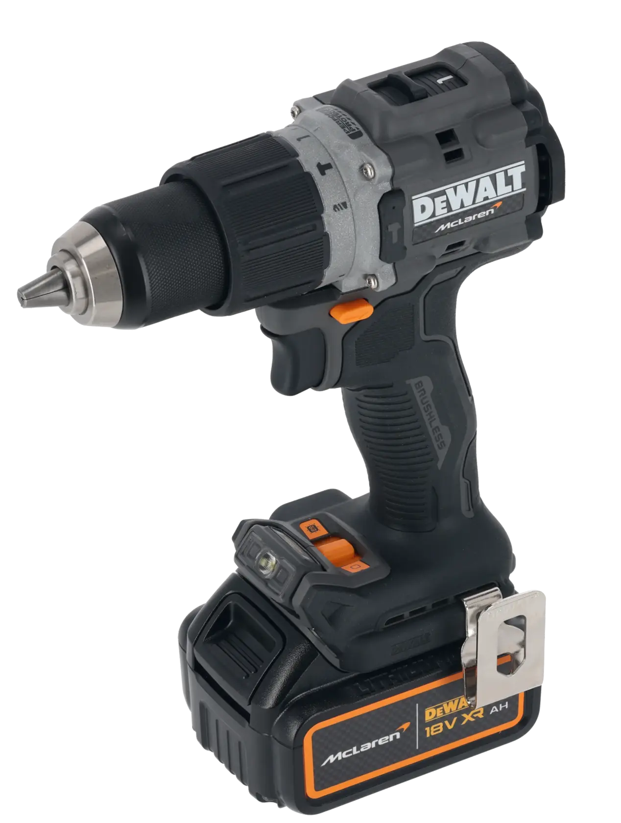 DEWALT 18V cordless drill with McLaren branding and battery, ergonomic black and orange design.