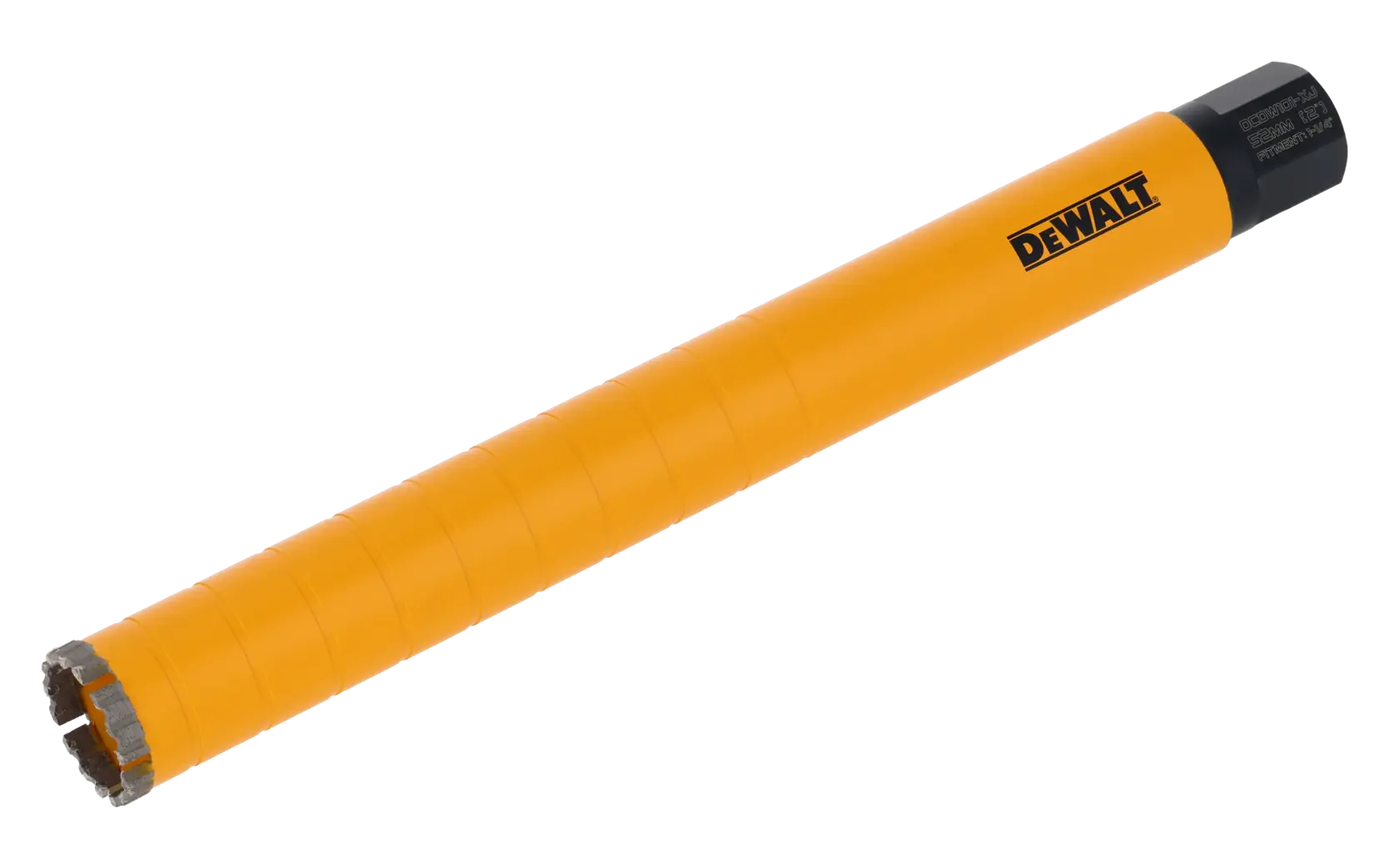 Yellow DEWALT core drill bit with black end and segmented cutting tip, shown against white background.