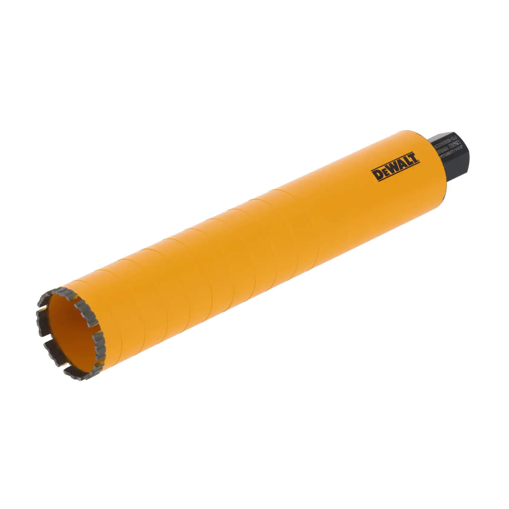 Yellow DEWALT core drill bit with serrated tip, used for heavy-duty drilling in masonry and concrete.