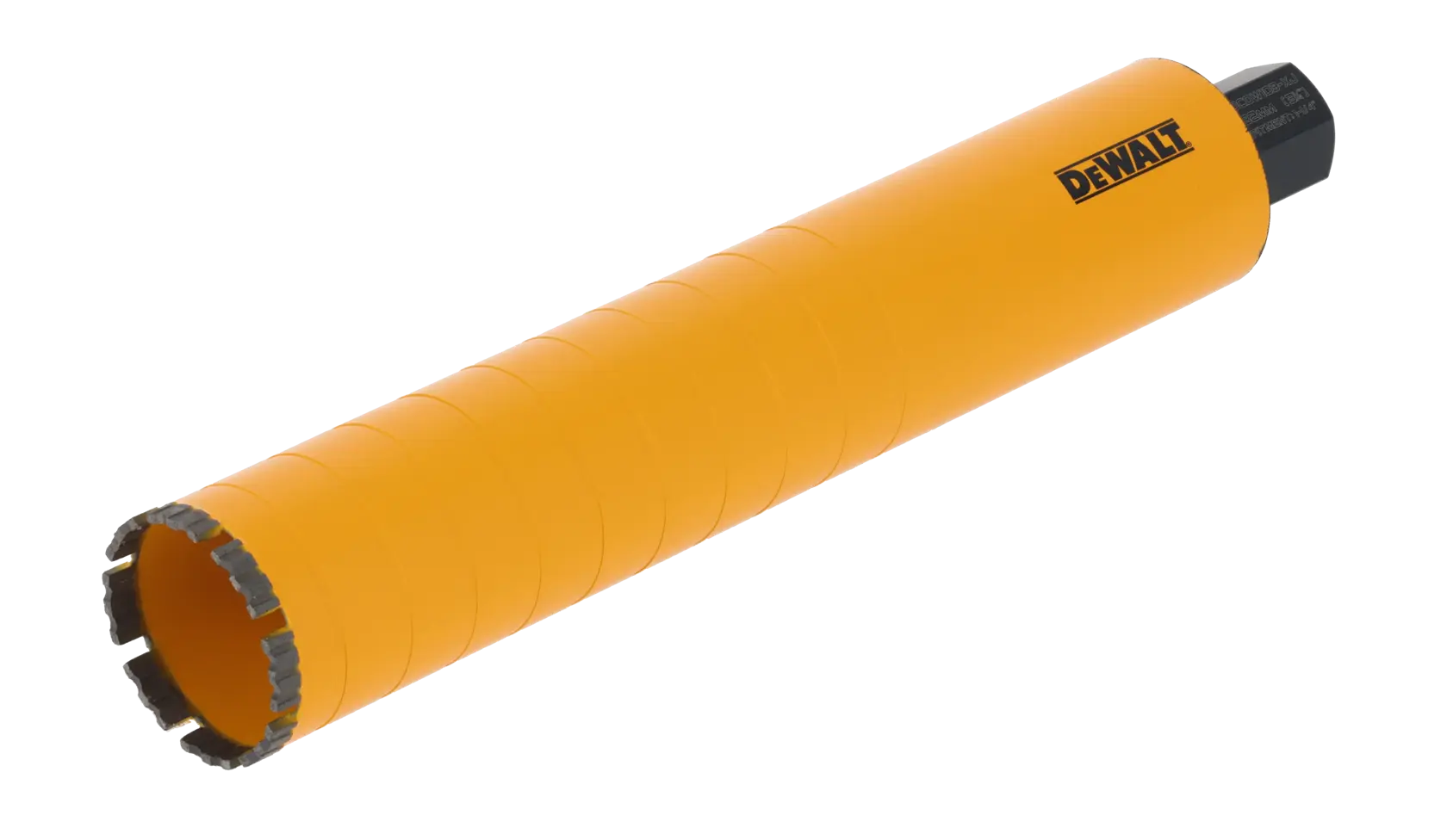 Yellow DEWALT cylindrical core drill bit with segmented cutting edge for masonry drilling.