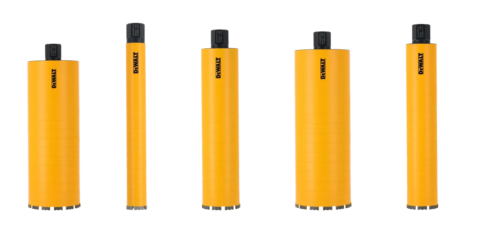 Five yellow DEWALT cylindrical drill bits in different sizes, displayed upright on a white background.