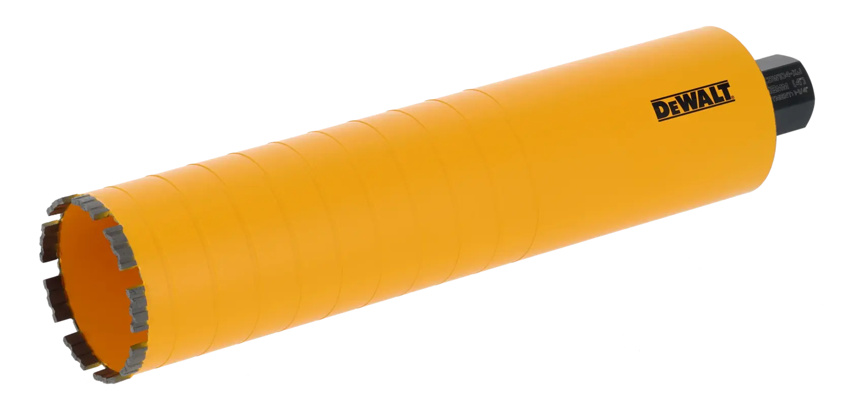 DEWALT yellow cylindrical core drill bit with segmented edges for cutting concrete or masonry.