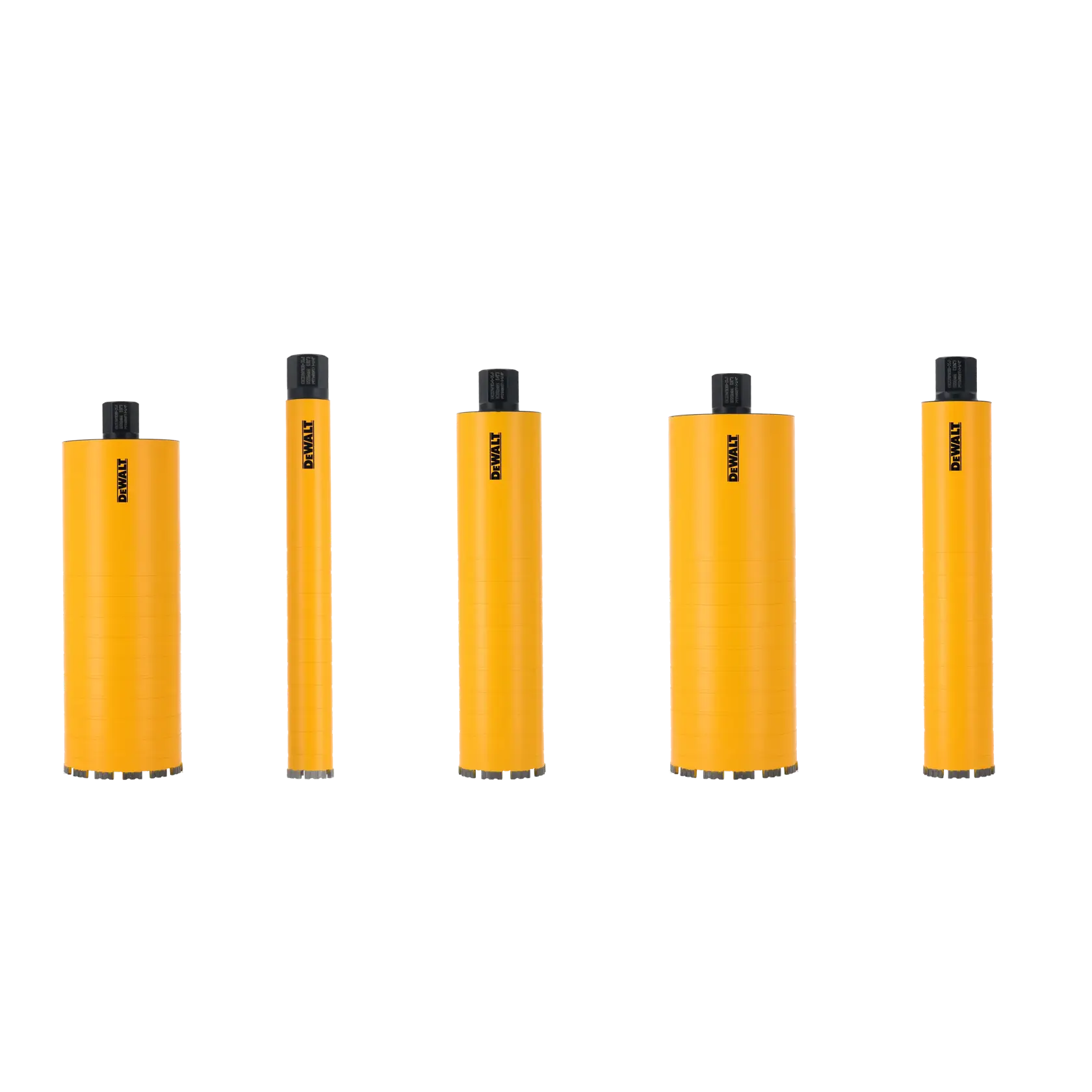 Five yellow DEWALT core drill bits in different sizes arranged on a white background.