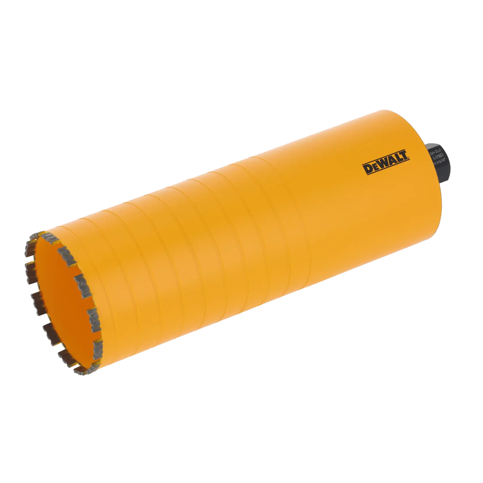 Yellow DEWALT cylindrical core drill bit with segmented cutting edge, designed for concrete and masonry drilling.