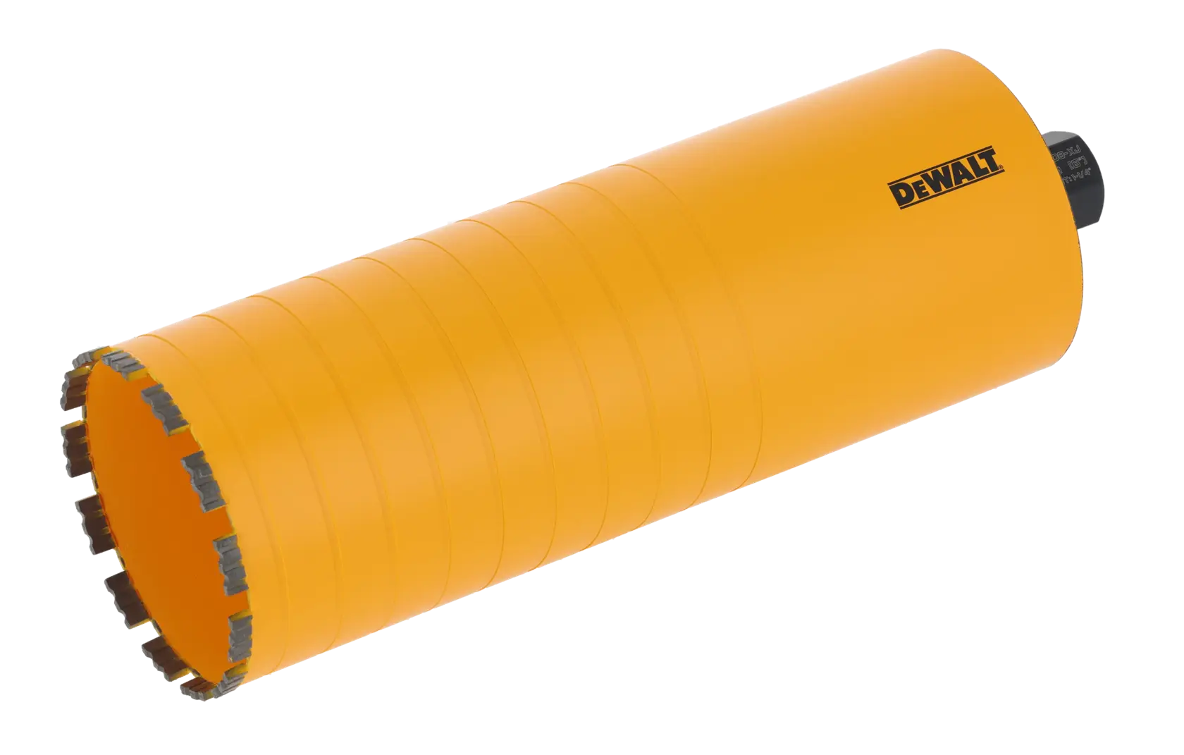 DEWALT cylindrical core drill bit in yellow with segmented rim for concrete or masonry drilling.