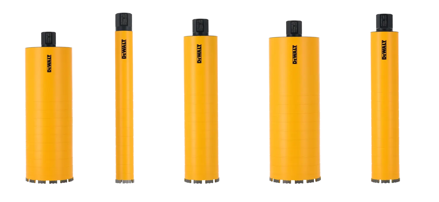 Five yellow DEWALT cylindrical drill bits with black tops, displayed upright in a row on a white background.