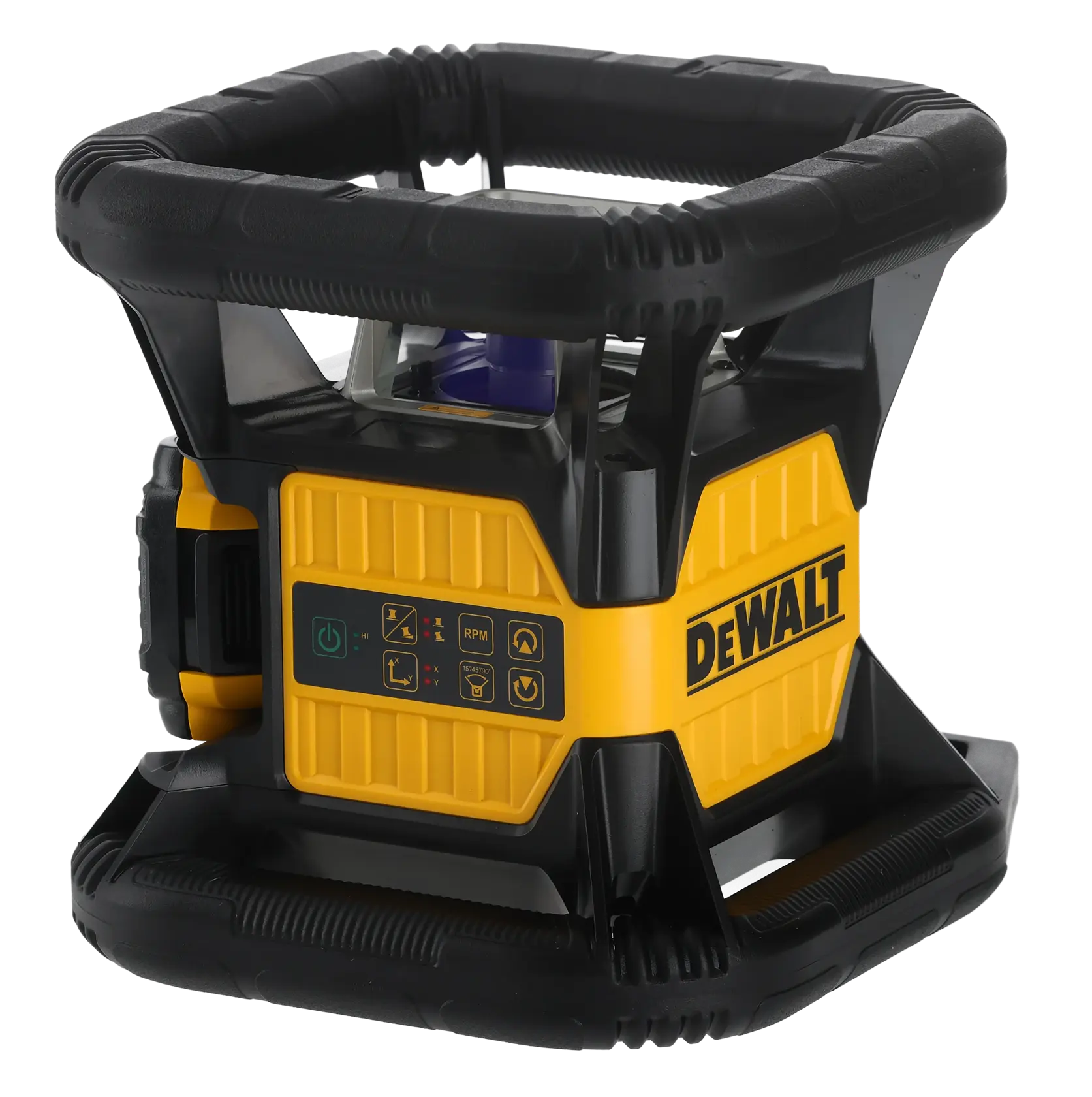 DEWALT yellow and black rotary laser level with control panel, rugged design, used in construction and surveying.