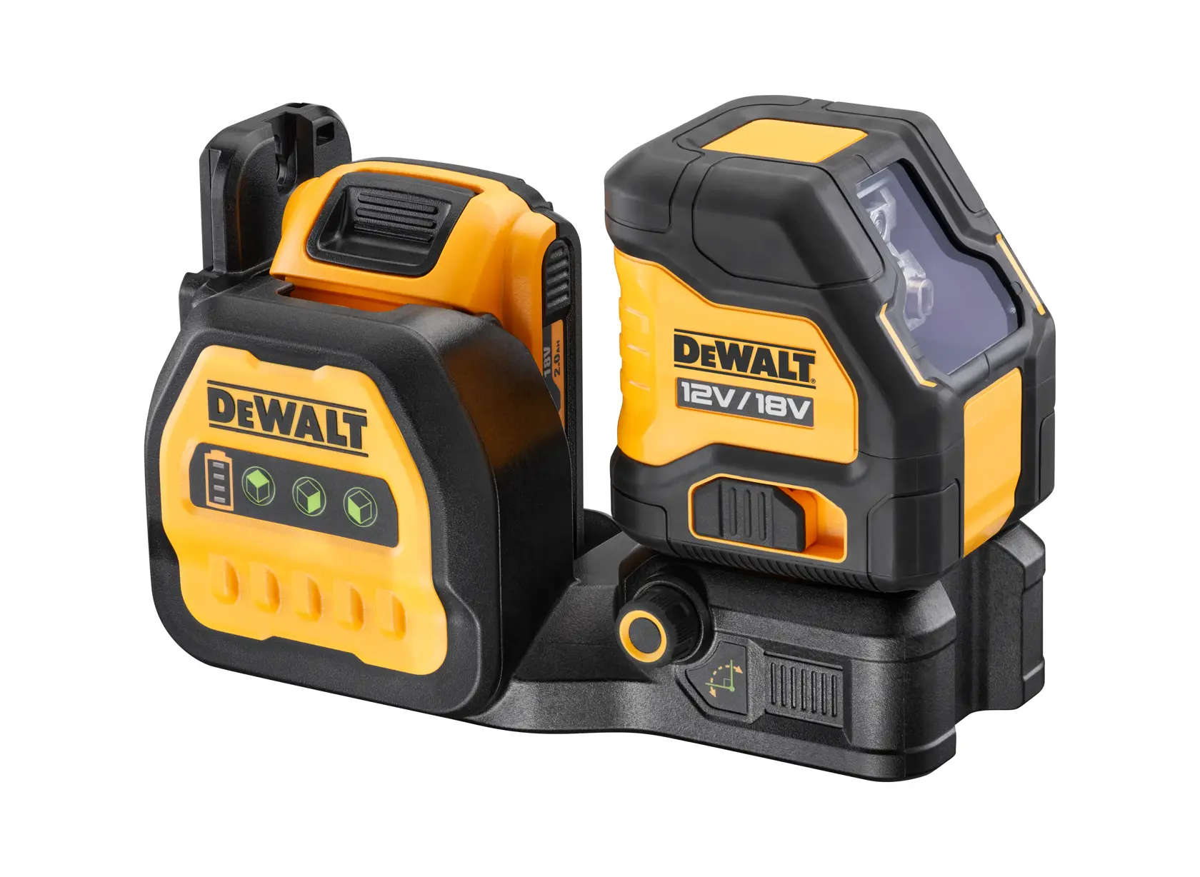 DEWALT laser tool for photography, DCE088D1G18-QW, DCE088D1G18, black and yellow with controls and display.