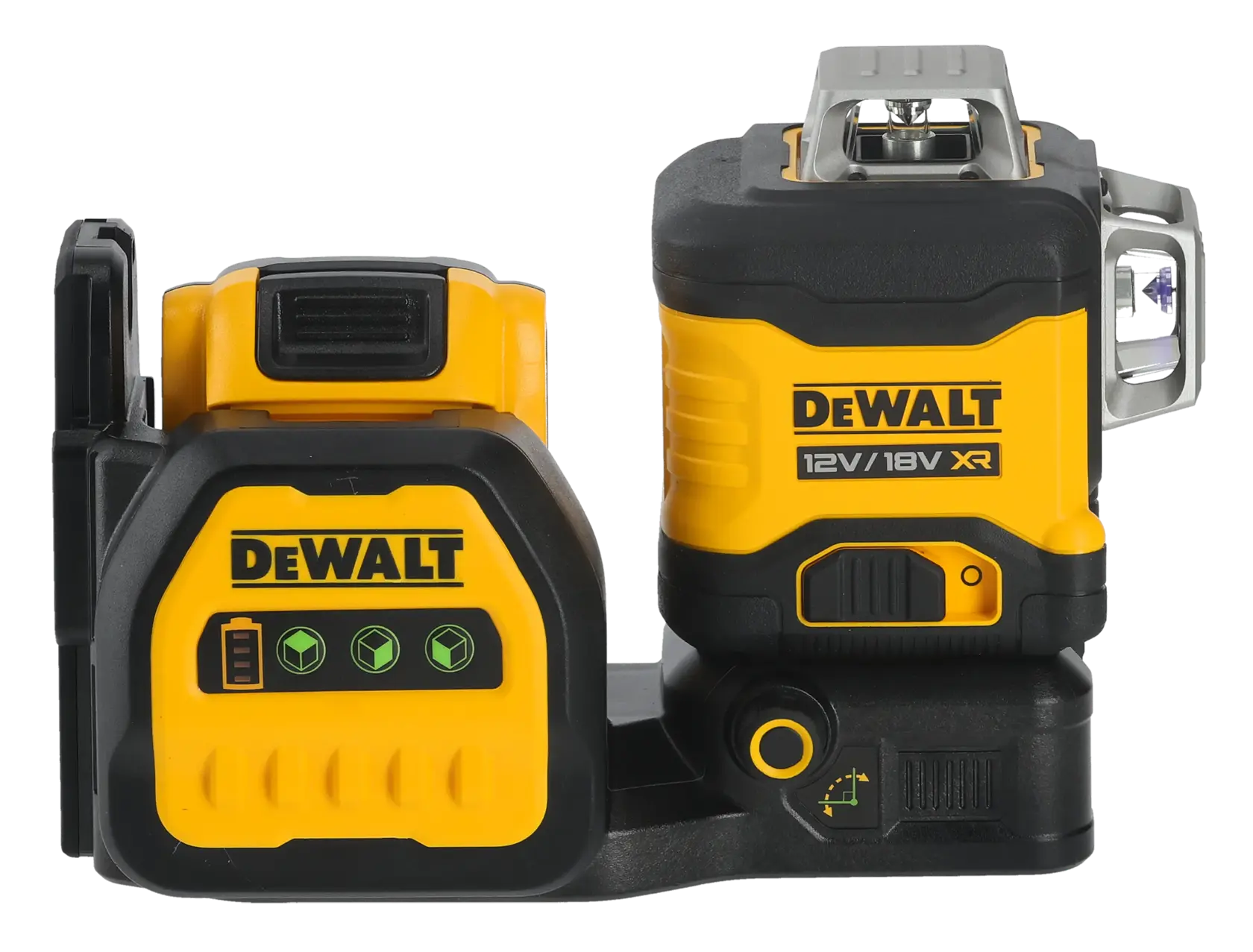 DEWALT yellow and black laser level tool with digital display and battery indicator.